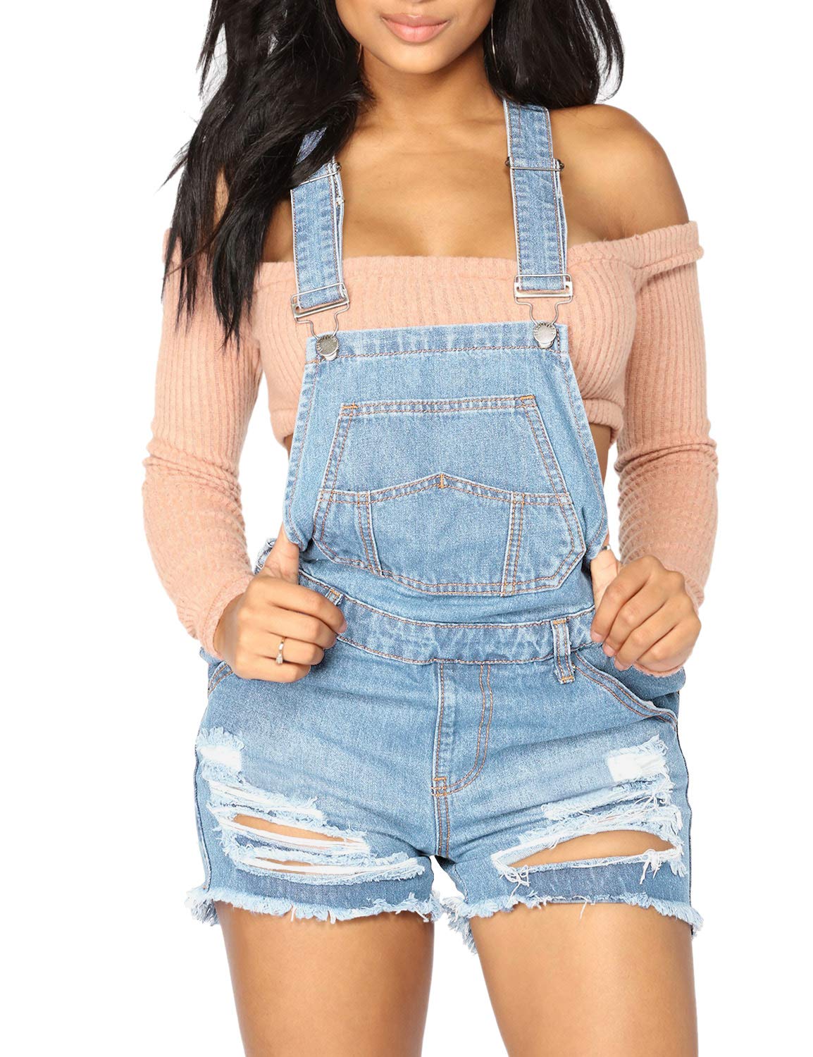 LookbookStore Women's Ripped Denim Bib Overalls Shorts - Raw Hem Distressed Denim Shortalls for Casual Outfits & Summer Fashion