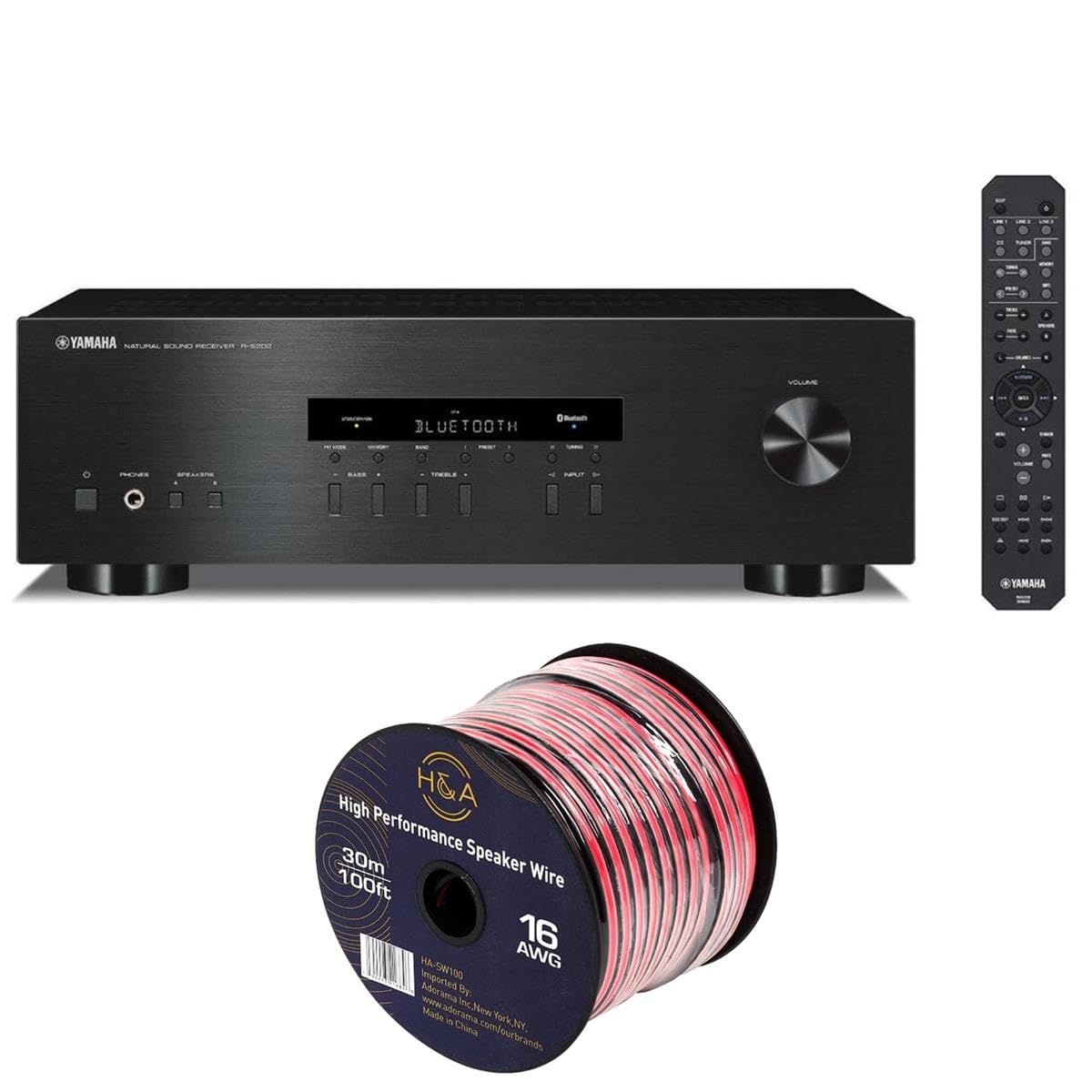 YAMAHA R-S202BL Stereo Receiver with Bluetooth - High Power 2-Channel Home Audio System & 100ft 16 AWG Speaker Wire Cable for Home Theater, Music Streaming, and Wireless Audio Setup