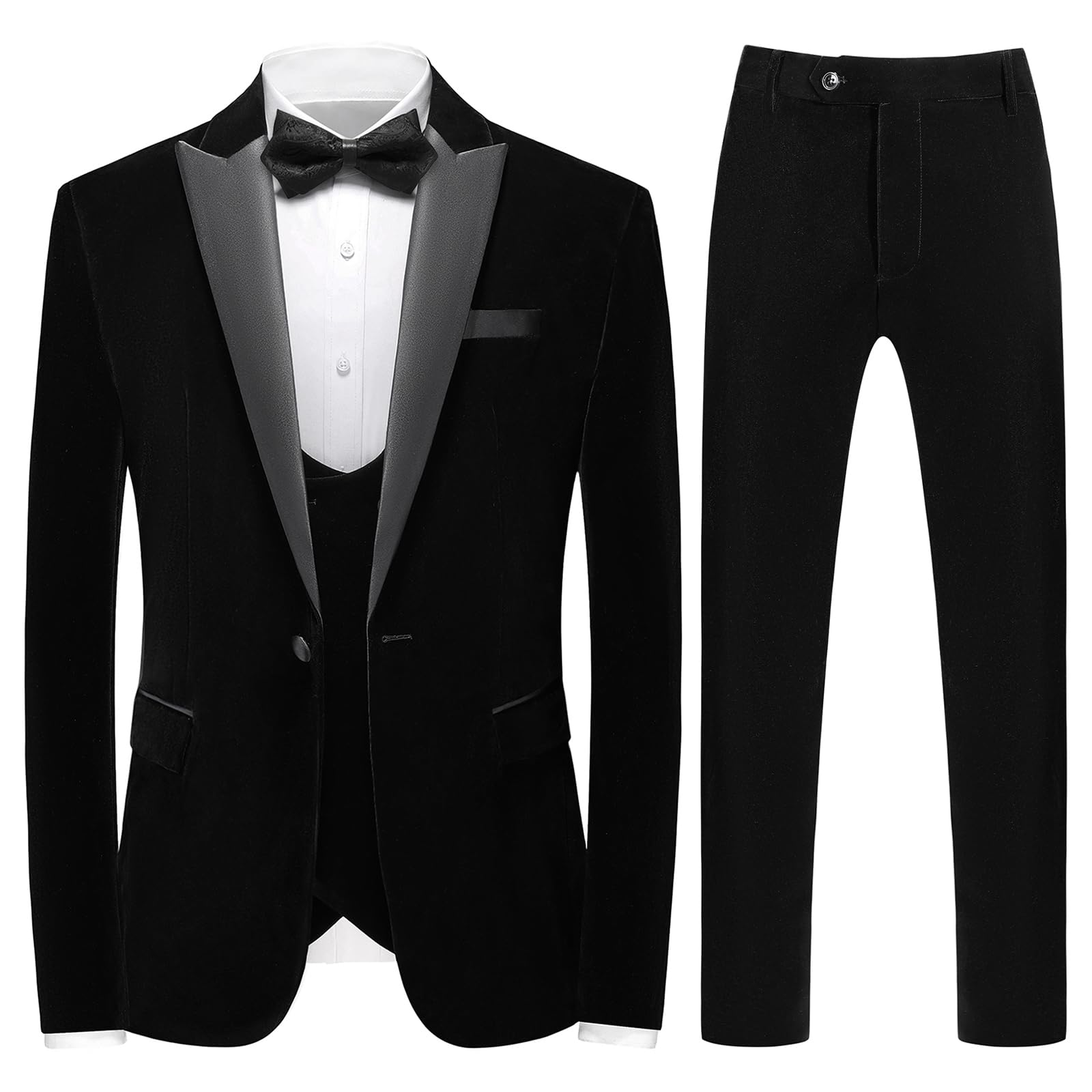 Men's Slim Fit Velvet 3-Piece Suit Set - Peaked Lapel One Button Tuxedo Dinner Jacket with Vest & Pants | Formal Wear for Weddings, Prom, Gala & Black Tie Events