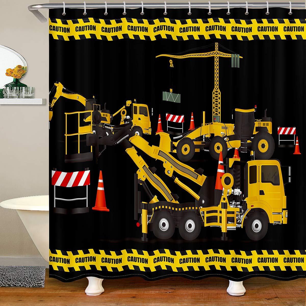 Black & Yellow Excavator Shower Curtain - Construction Theme Bathroom Decor for Kids & Adults
