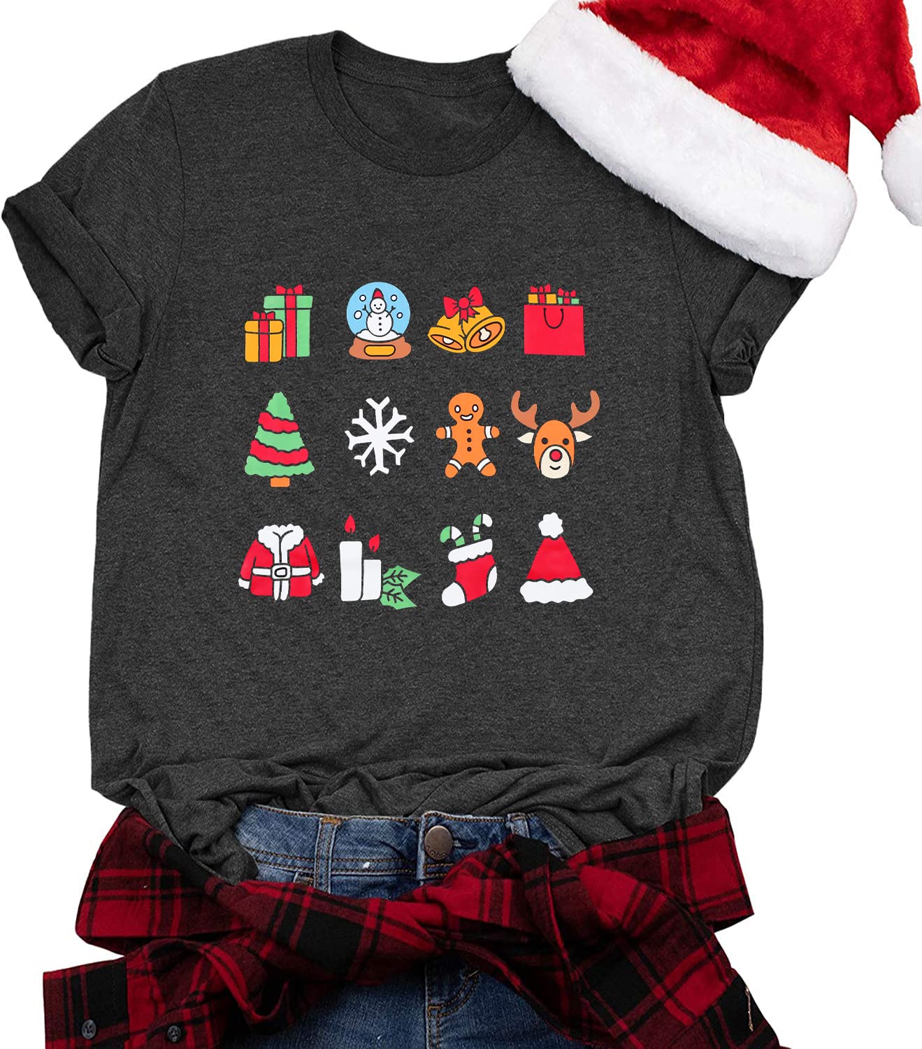 Festive Christmas Tree Graphic Tee for Women - Santa Snowman Elk Holiday Short Sleeve T-Shirt - Perfect for Christmas Parties, Family Gatherings & Winter Festivities