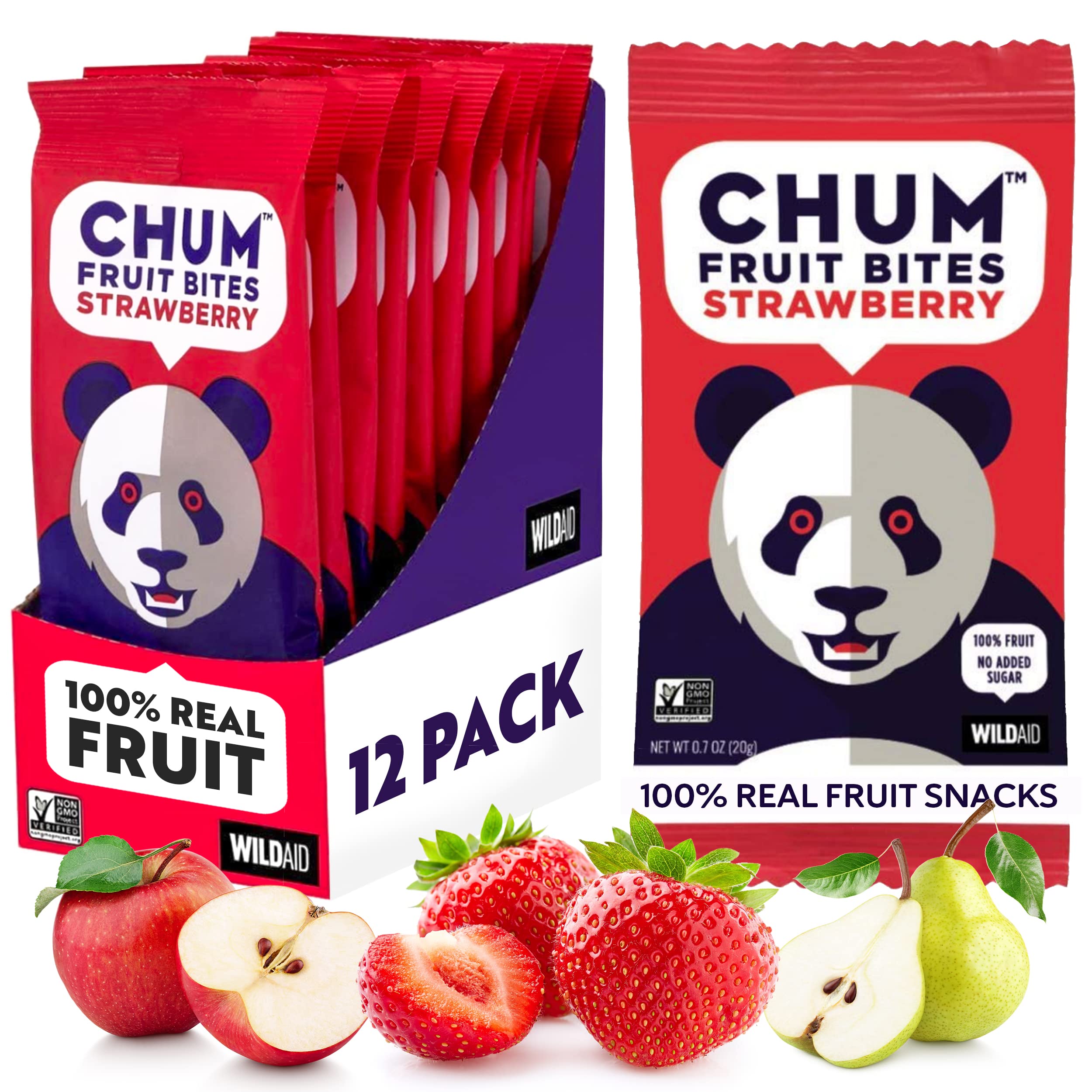 Chum Fruit Bites 100% Real Fruit Snacks – Strawberry Flavor, 12-Pack | Non-GMO, No Added Sugar, Preservatives-Free | Healthy Snacks for Kids & Adults | Nut-Free, Gluten-Free, Vegan, Kosher, Paleo Certified | Perfect for School Lunches, Office Snacks & On-the-Go Energy