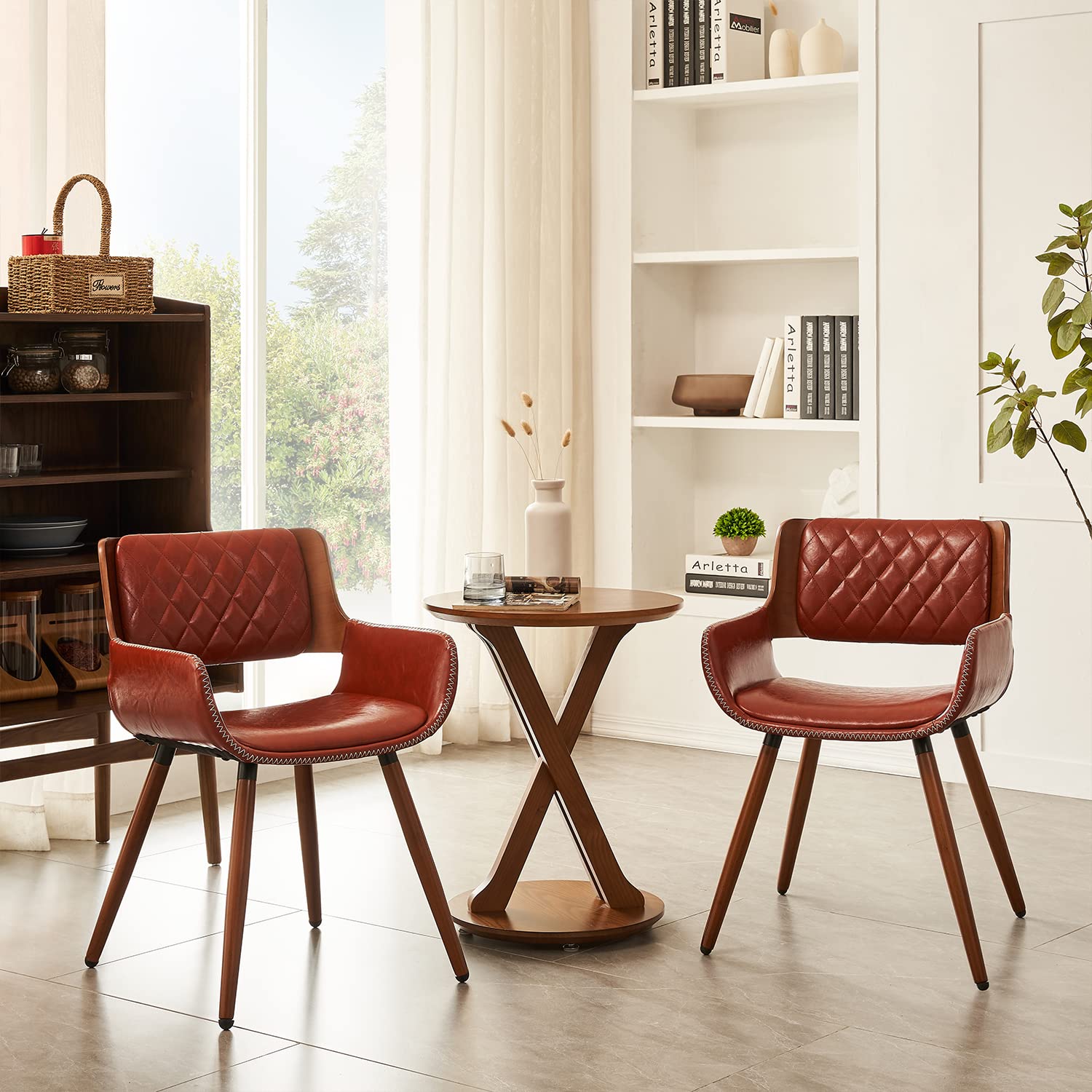 ARTPLAN Set of 2 Mid Century Modern Leather Dining Arm Chairs - Upholstered Accent Chairs with Wooden Legs for Bedroom, Living Room & Dining Room | Perfect for Small Spaces, Corners & Side Seating