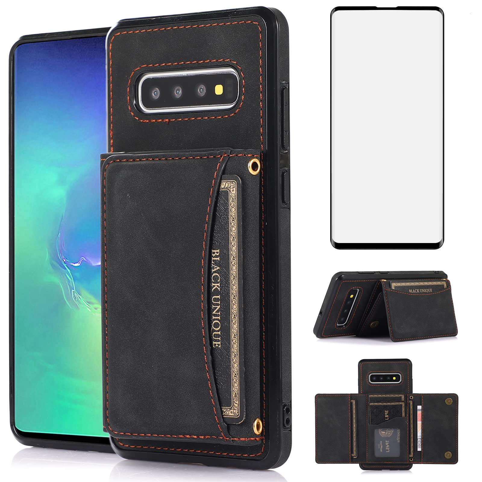 Premium Wallet Phone Case for Samsung Galaxy S10 Plus - Shockproof Protective Cover with Built-in Card Holder & Tempered Glass Screen Protector - Slim Stand Case for Men & Women (Black) - Perfect for Work, Travel & Everyday Use