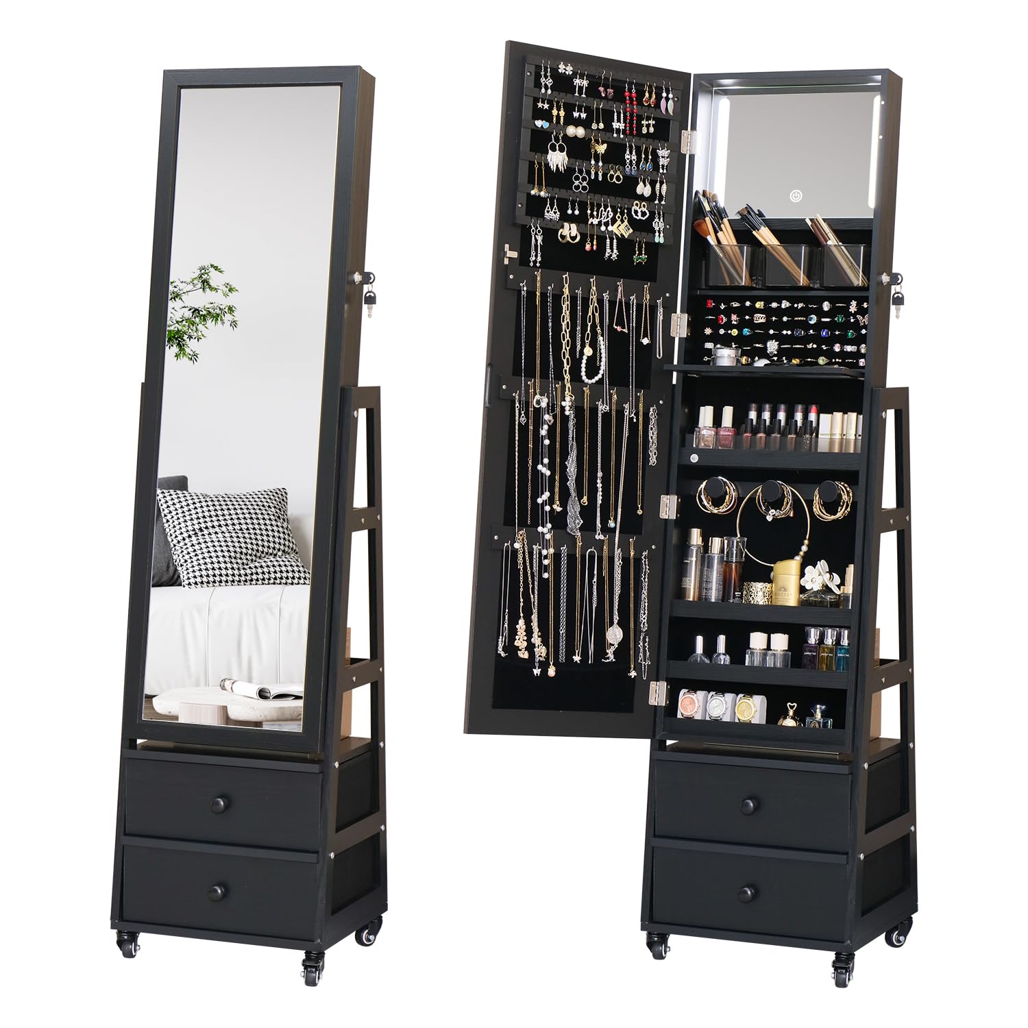 Lockable Jewelry Cabinet with Full-Length Standing Mirror, Drawers & Wheels - Jewelry Organizer Armoire with Back Storage Shelves for Bedroom Decor - Perfect Christmas Gift for Women & Friends (Black) | Ideal for Bedroom Vanity, Closet Organization & Gift-Giving