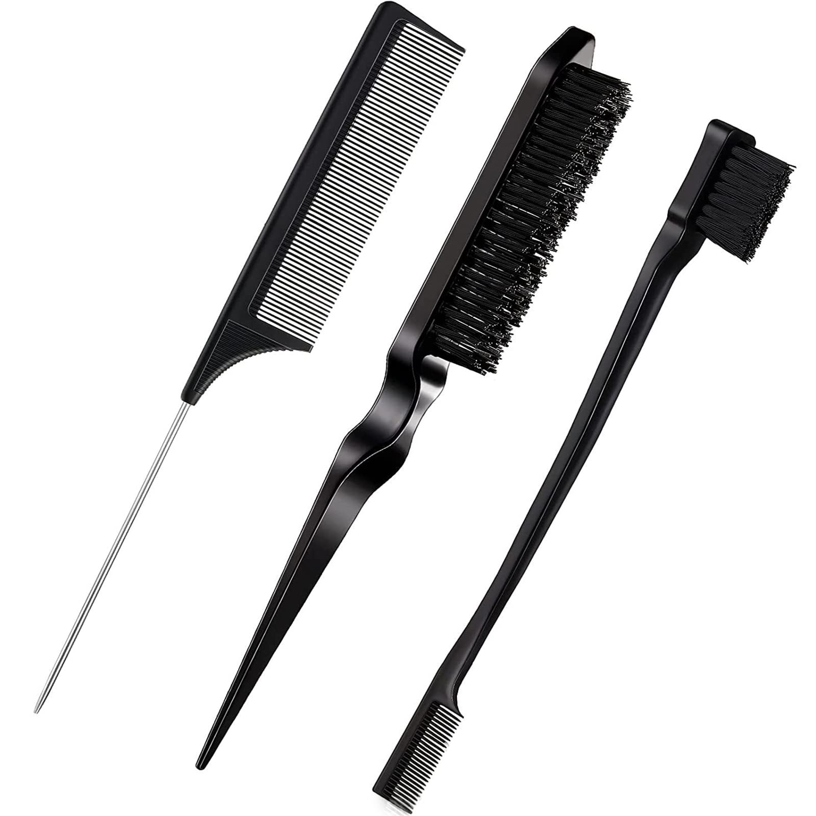 3 Pack Slick Back Hair Brush Set - Double Sided Edge Brush, Teasing Comb & Rat Tail Comb for Perfect Hairstyles - Professional Salon Quality Grooming Brushes for Women & Kids - Great for Styling, Detangling & Creating Smooth Edges (Home, Salon & Travel Use)