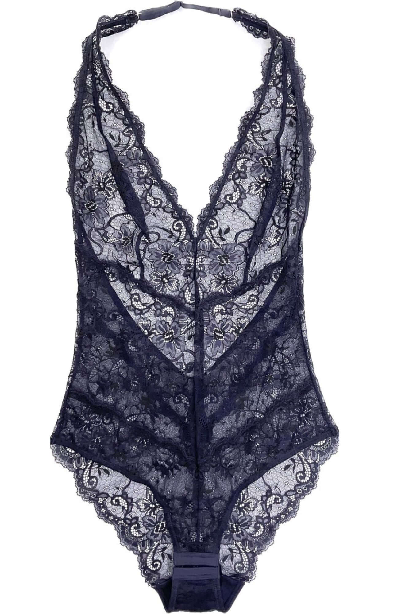 Sexy Dark Navy & Black All Lace Halter Bodysuit - Women's Stretchy Lingerie for Date Night & Boudoir Photography
