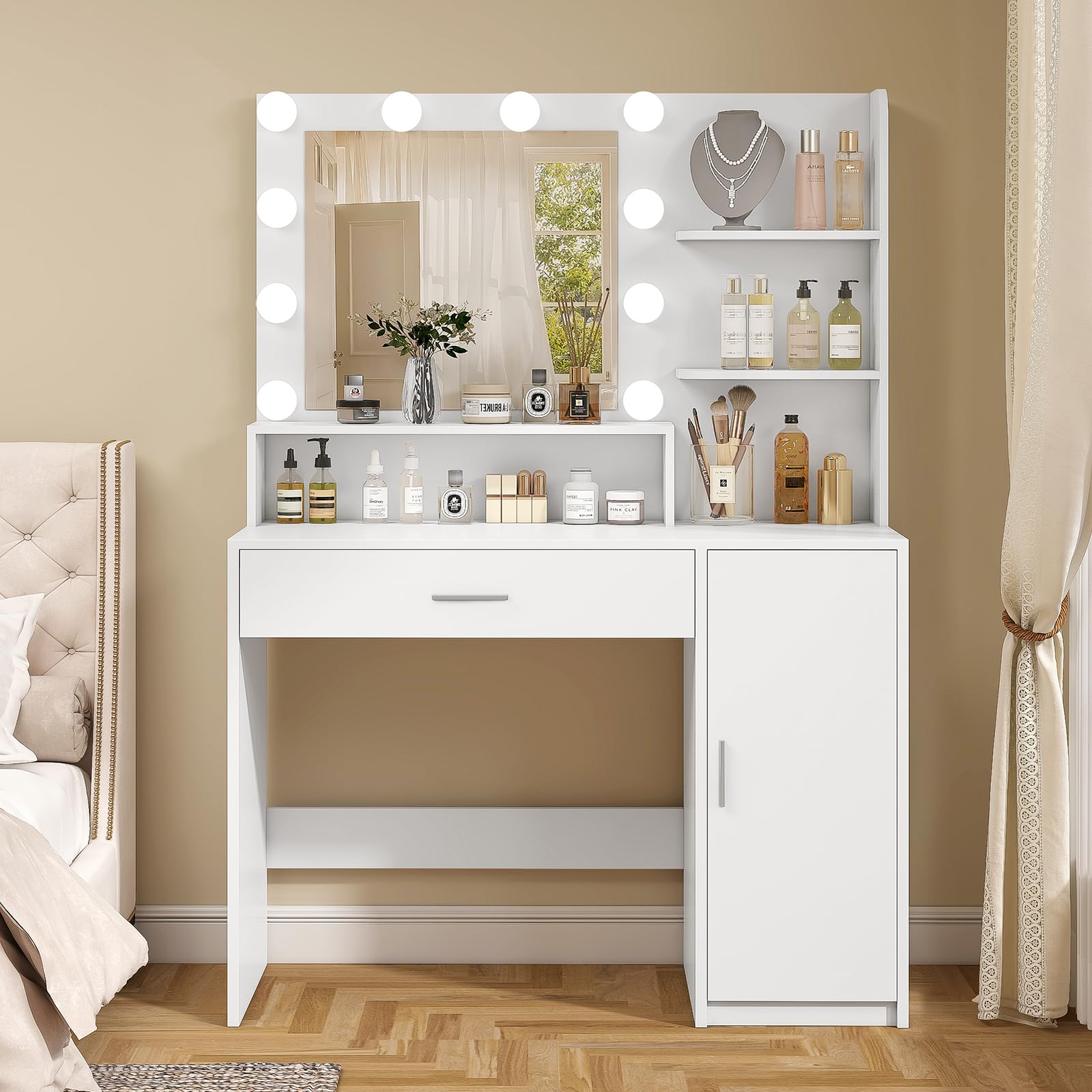 Quimoo Vanity Desk with Mirror & Lights - 3 Colors, Adjustable Brightness for Bedroom Makeup