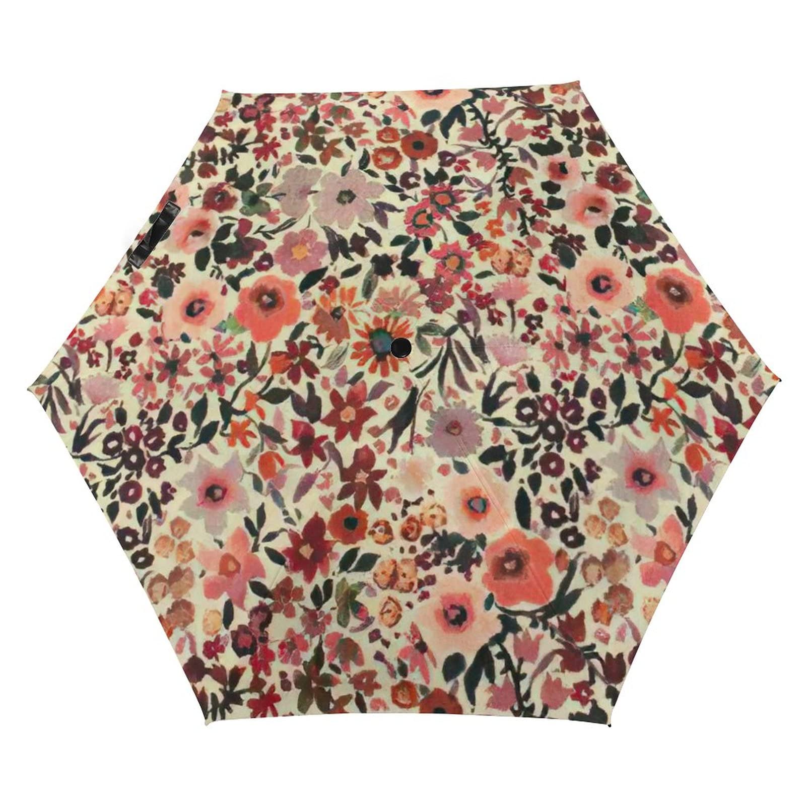 Floral Print Compact Folding Umbrella - Windproof Travel Umbrella with Vinyl Lining & Cover - Lightweight Portable Rain Protection for Women & Men - Perfect for Commuting, Travel & Outdoor Activities