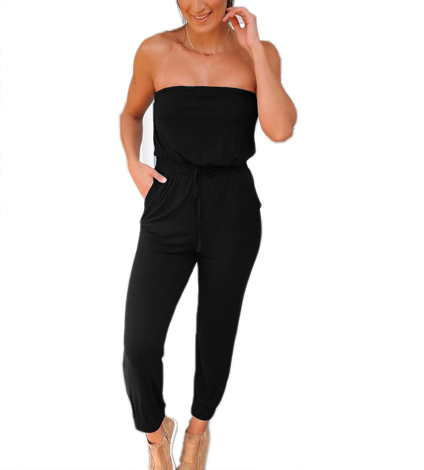 Women's Summer Bandeau Jumpsuit Playsuit - Drawstring Waist, Pockets, Romper for Beach Vacation, Pool Party, and Casual Outings
