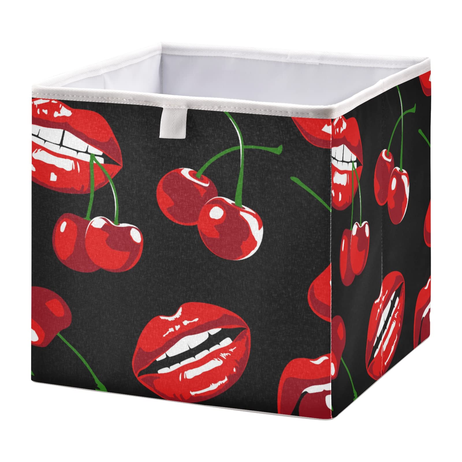 Red Lips Cherry Storage Basket - Collapsible Square Bin for Closet, Nursery & Laundry Room Organization | Space-Saving Hamper for Baby Room, Bedroom & Home Decor