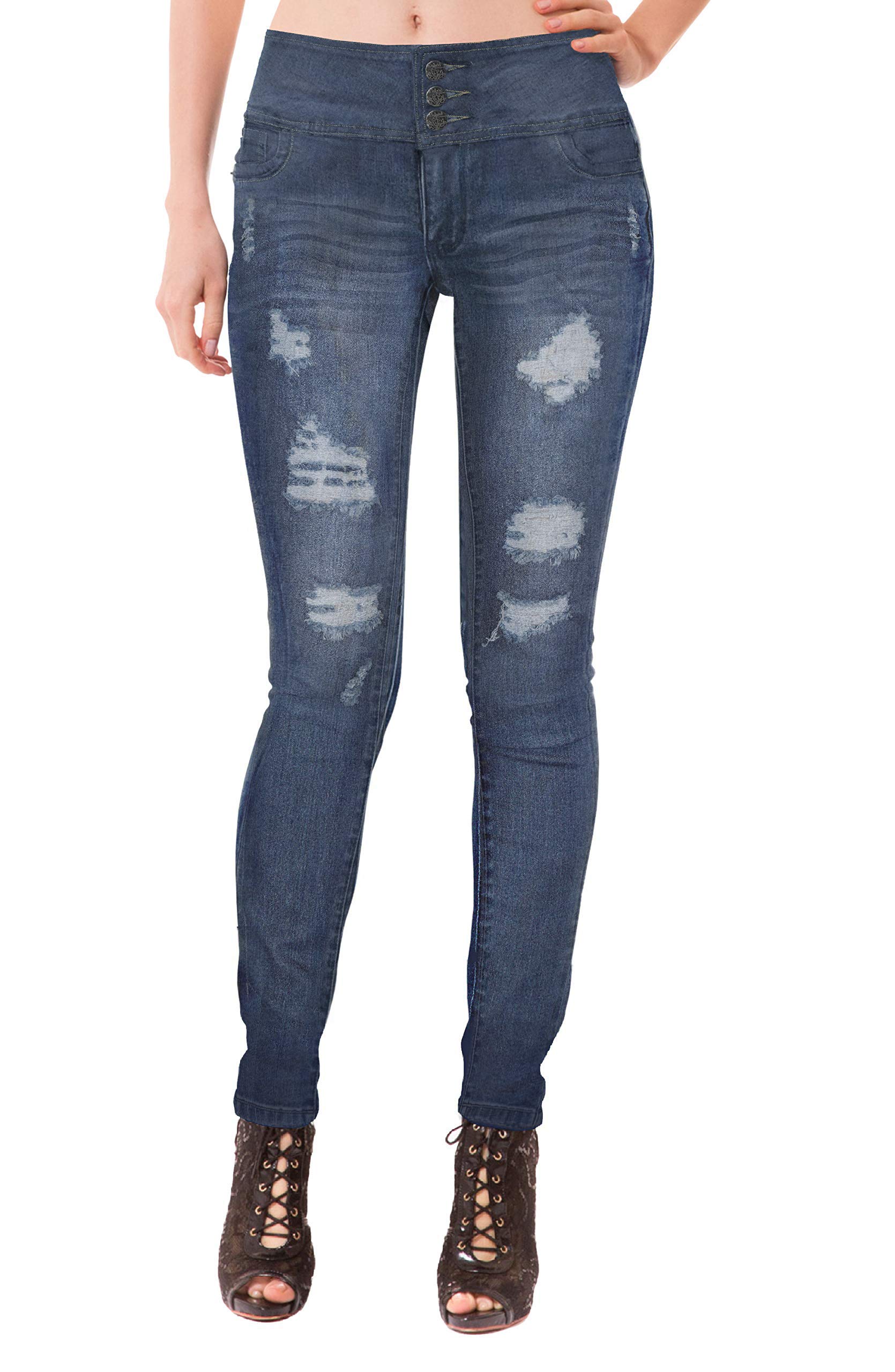 Hybrid & Company Women's High Waist Stretch Skinny Jeans - Distressed Denim Pants for Casual Wear, Night Out & Street Style Fashion