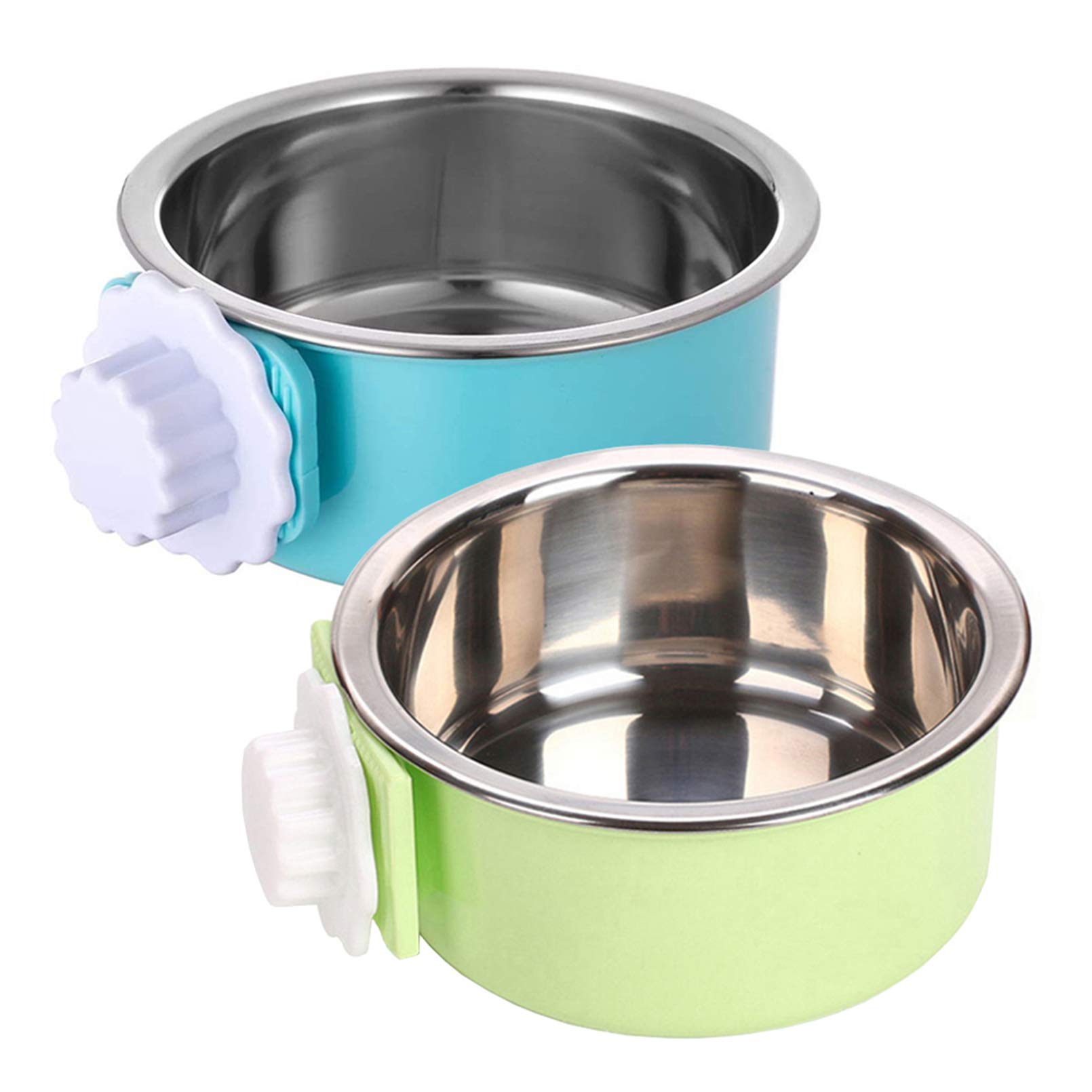 Kathson Removable Stainless Steel Hanging Pet Bowl - 2 Pack Dog/Cat Food & Water Feeder for Cages, Coops (Blue & Green) - Ideal for Puppies, Birds, Rats & Guinea Pigs - Perfect for Travel, Kennels & Outdoor Use