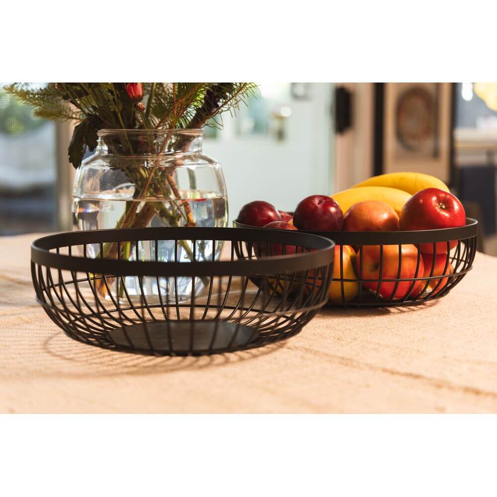 Round Fruit Basket Bowl - Matte Black Wire Fruit Holder for Kitchen Counter, Dining Table & Farmhouse Decor - Perfect for Apples, Oranges & Display