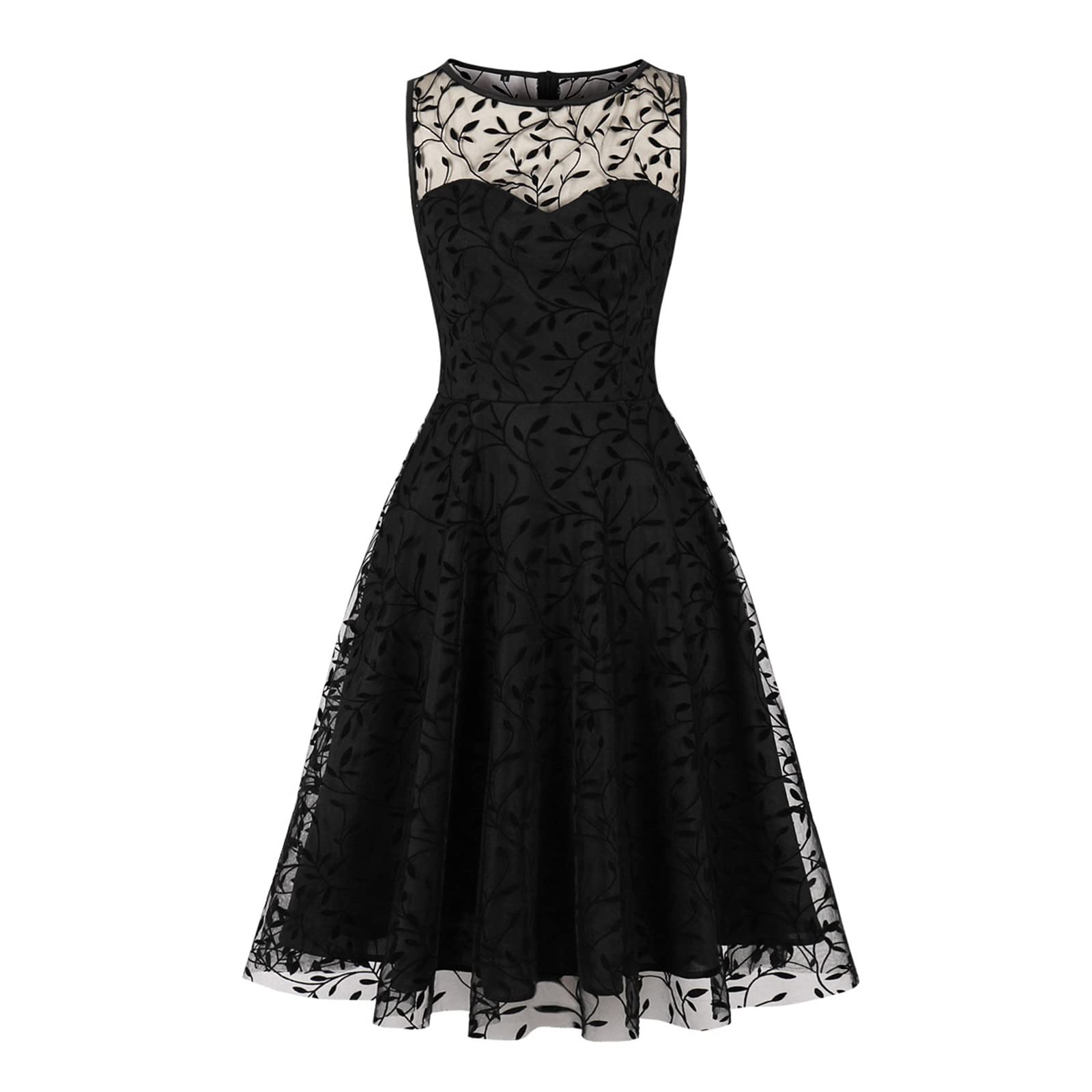Women's Vintage Retro Sleeveless Embroidered Mesh Panel Casual Spring Dress - Perfect for Brunch, Garden Parties & Summer Outings