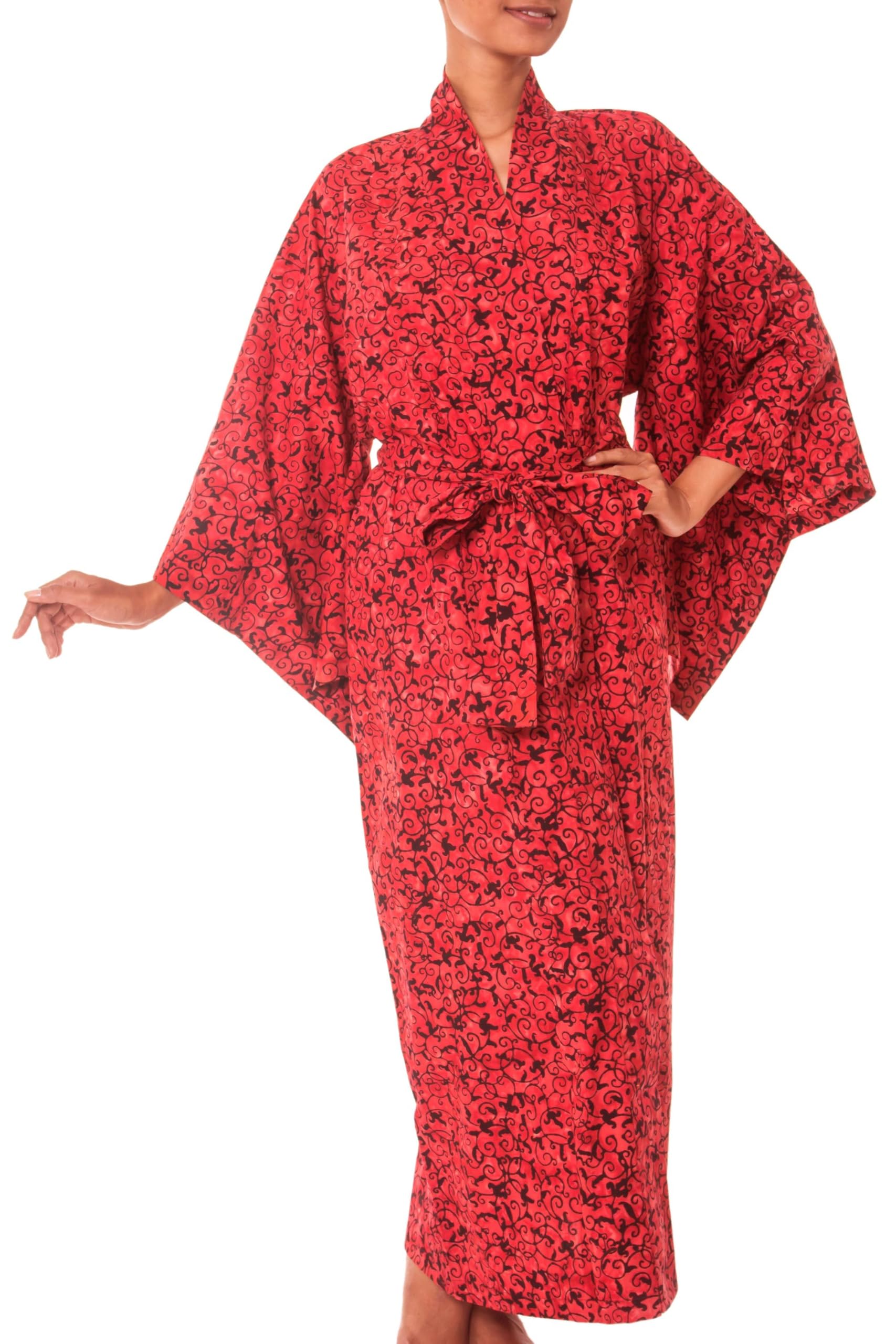 Handmade Long Cotton Batik Robe for Women - Red Floral Wrap Kimono with Aurora Pattern | Indonesian Artisan Crafted | Perfect for Spa Days, Beach Cover-ups & Boho Fashion