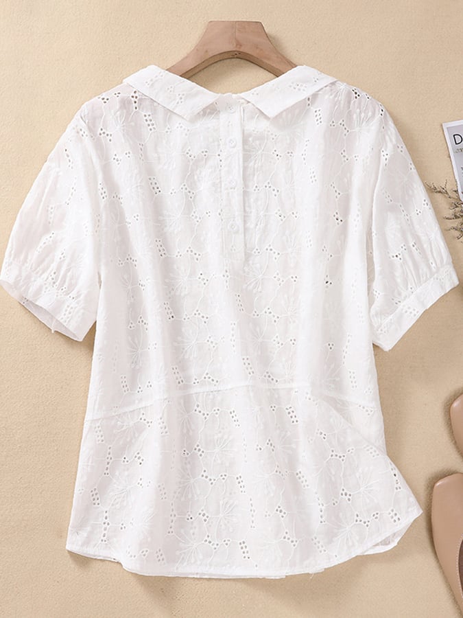 Lovevop Women's Cotton Peter Pan Collar Hollow Embroidered Sleeves Casual Blouse - Perfect for Office Wear, Dating & Spring Outfits