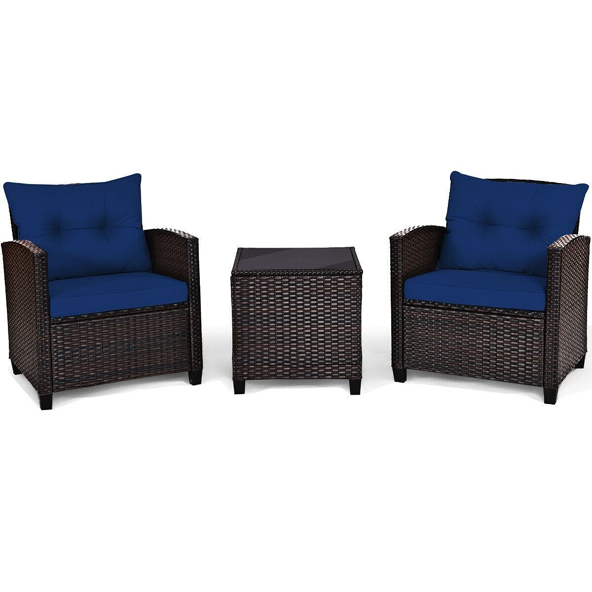Navy Blue 3-Piece Outdoor Patio Furniture Set with 2 Rattan Chairs & 1 Tempered Glass Coffee Table - Soft Cushions Included - Perfect for Backyard, Deck, Balcony, Poolside, and Outdoor Living Spaces - Ideal for Relaxing, Entertaining, and Enjoying Nature