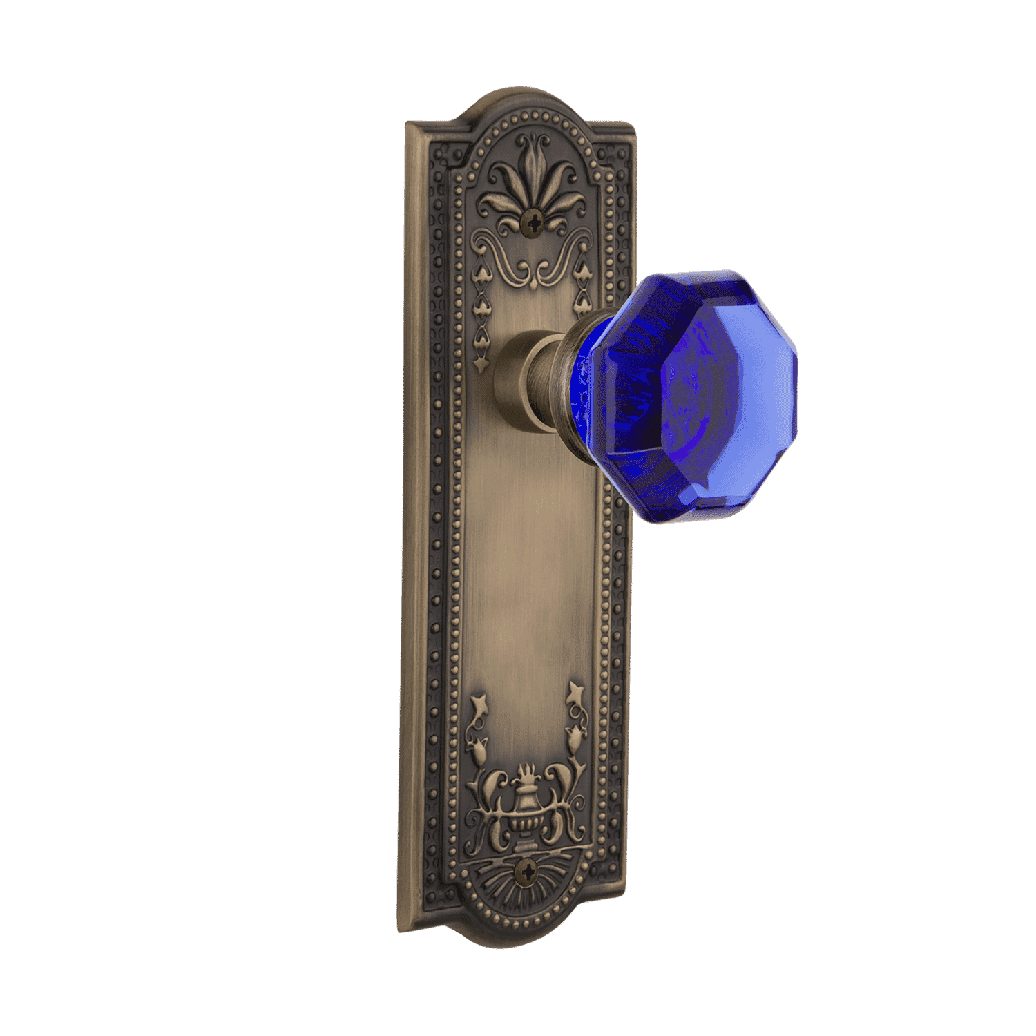 Antique Brass Meadows Long Plate with Cobalt Waldorf Knob - Elegant Cabinet Hardware for Kitchen, Bathroom & Furniture Upgrade