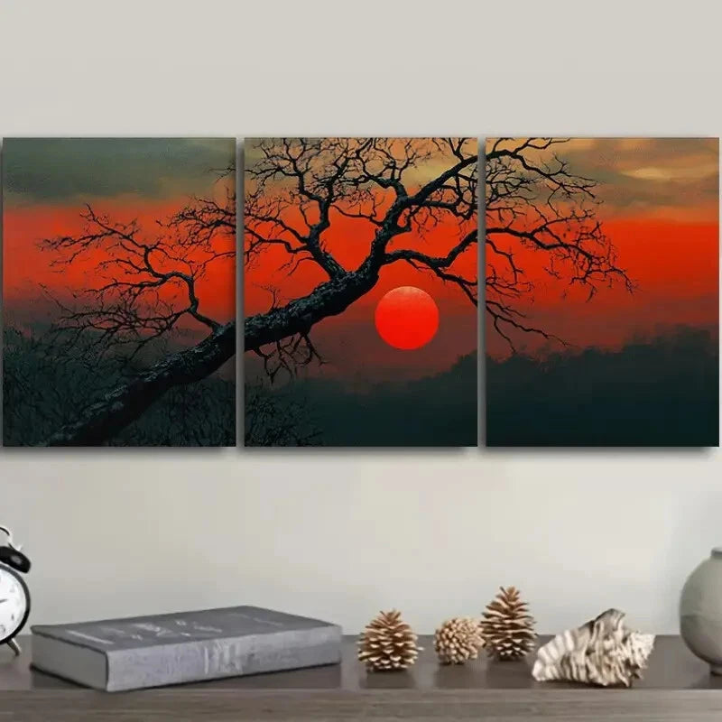 3-Piece The Red Sun Tree Metal Wall Art Print - Ready to Hang Modern Home Decor for Living Room, Bedroom & Office