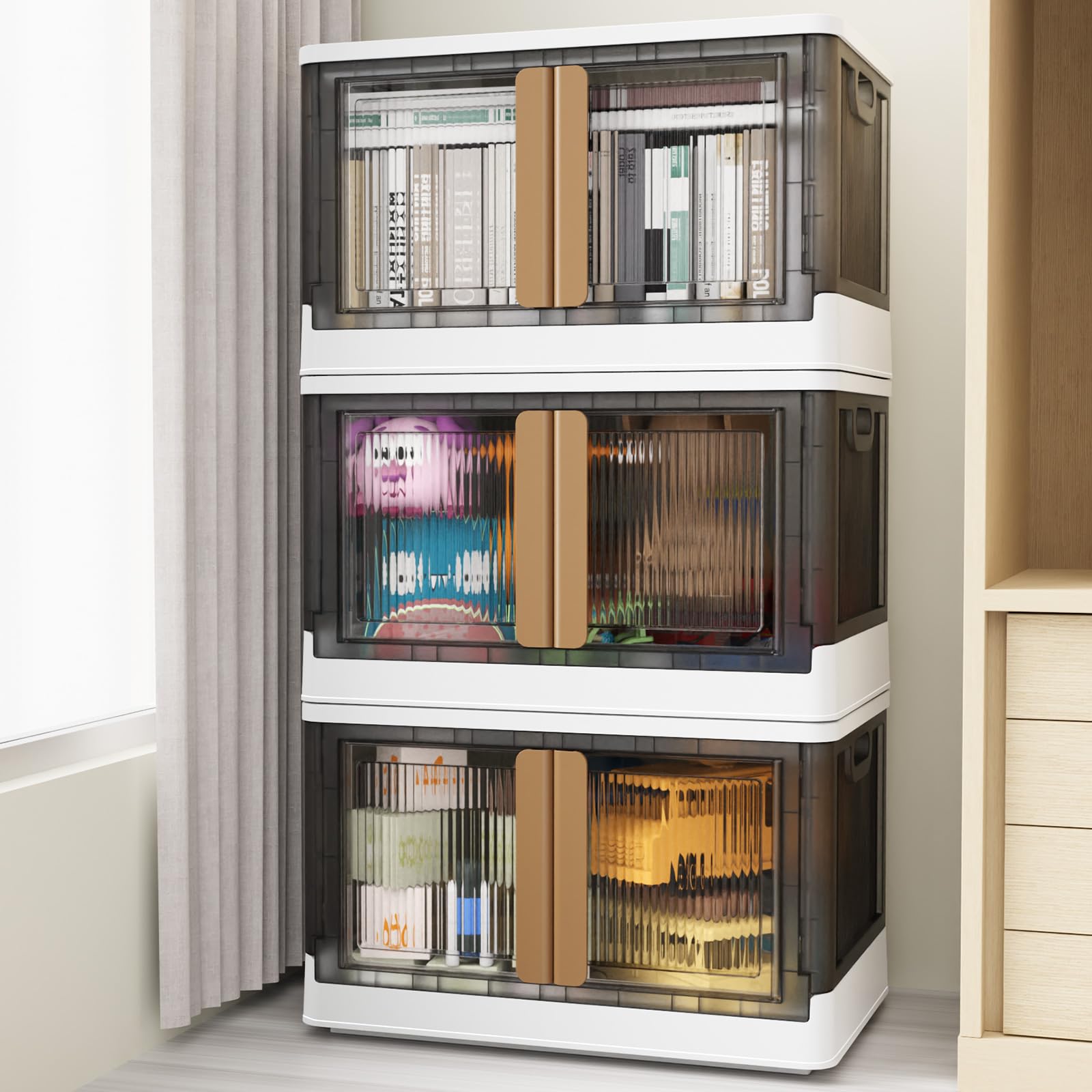 3-Pack 300QT (75 Gallon Total) Stackable Plastic Storage Bins with Lids & Wheels - Foldable Closet Organizer & Collapsible Cabinet with Doors for Home, Dorm, Office, Garage - Space-Saving Storage Solution (V6 Brown)