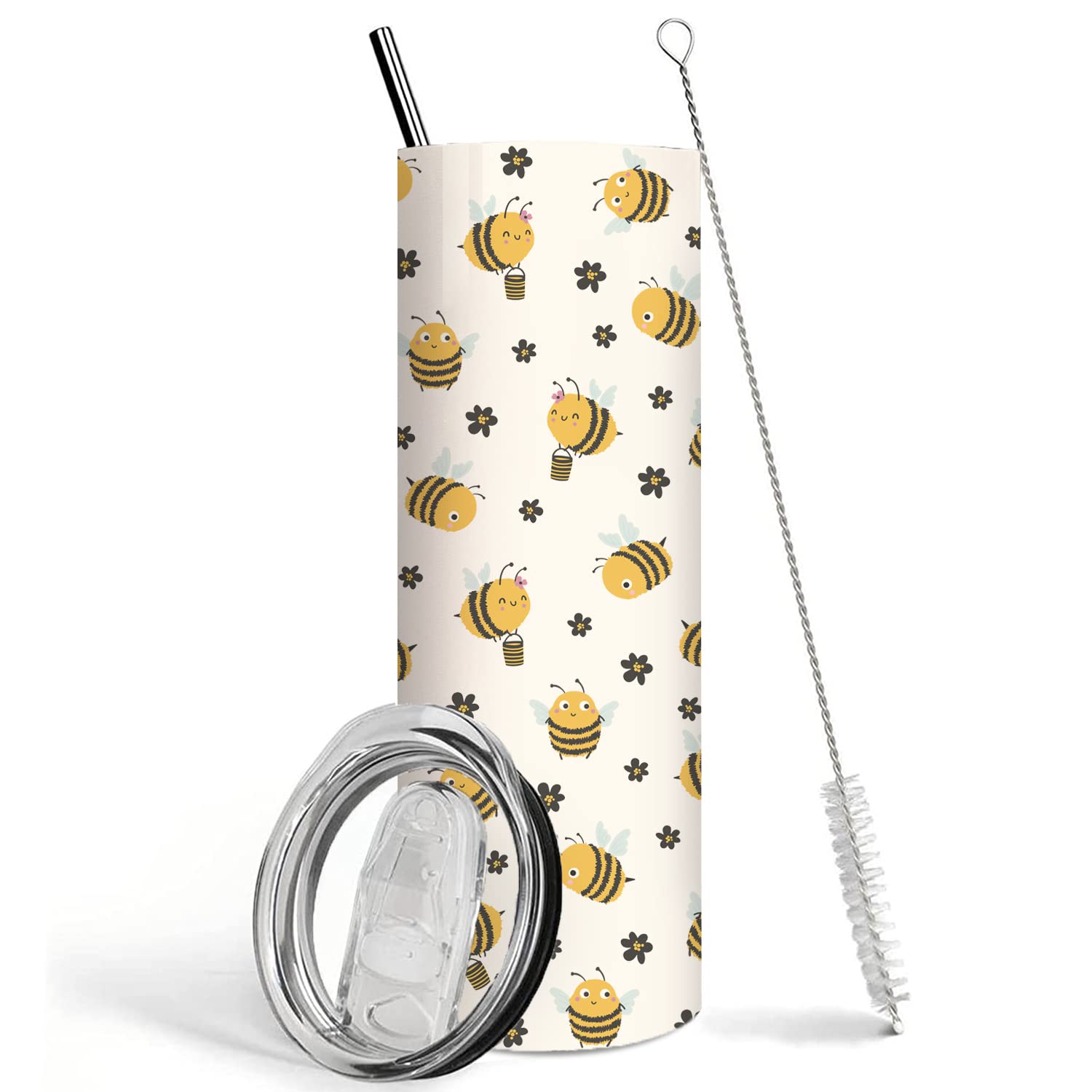 Ceovfoi Bee Tumbler with Lid & Straw - 16oz Yellow Honey Bee Coffee Mug, Skinny Insulated Water Bottle for Women, Cute Daisy Flower Bee Decor Gift for Office, Travel & Outdoor Use