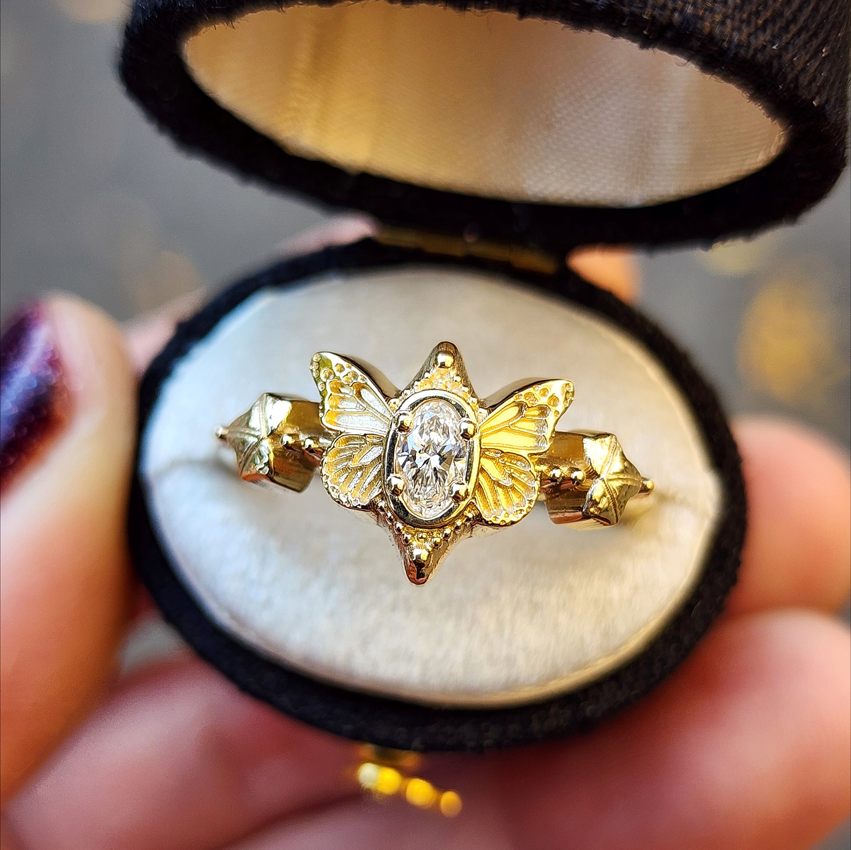 14k Gold Oval Lab Diamond Butterfly Engagement Ring with Ivy Leaves - Nature Inspired Fine Jewelry for Fairy Tale Weddings & Romantic Proposals