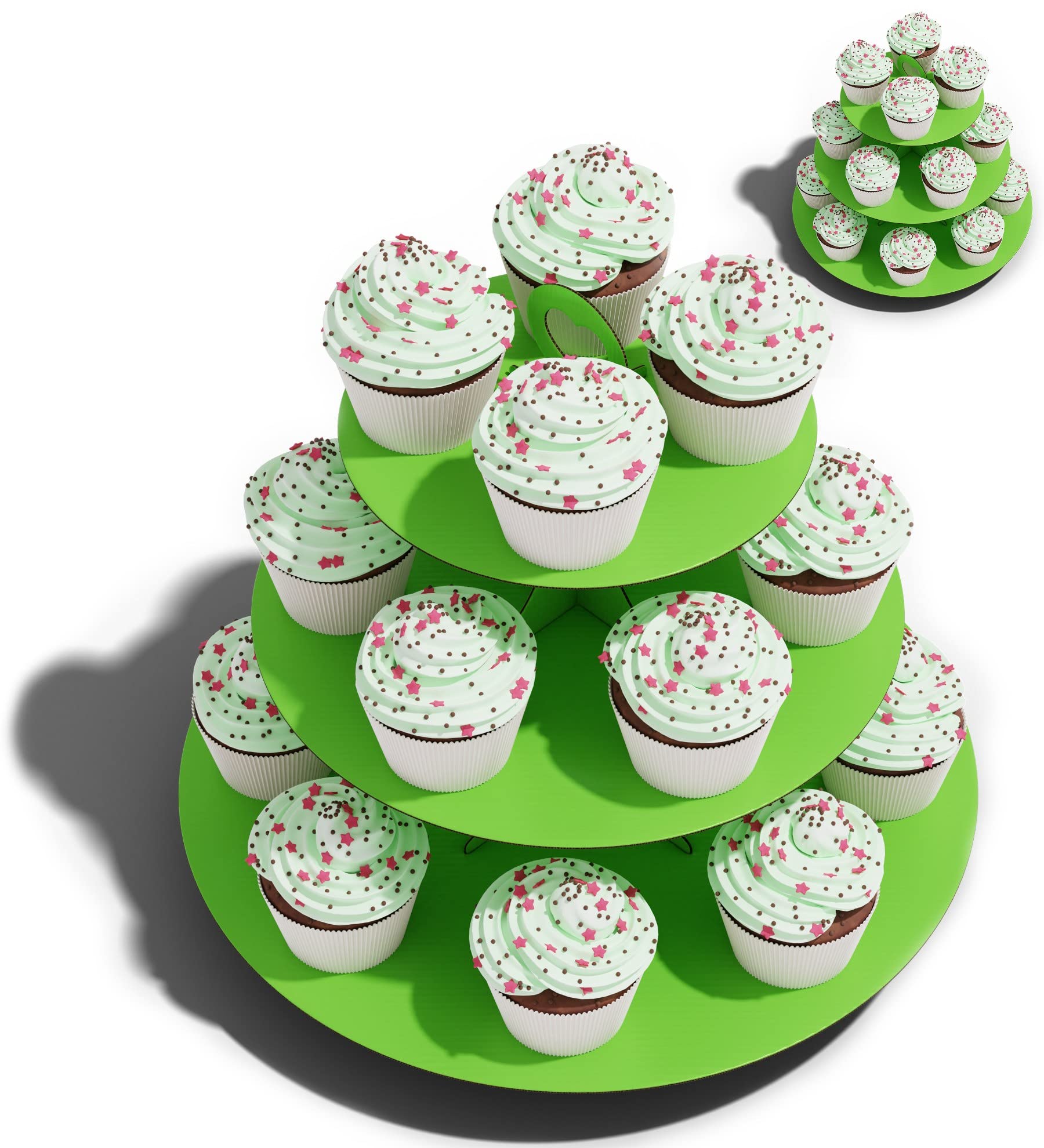 BLISSUR 3-Tier Green Cupcake Stand Tower (2 Pack) - Sturdy Cardboard Dessert Holder for Birthday Parties, Weddings, Baby Showers & Special Events