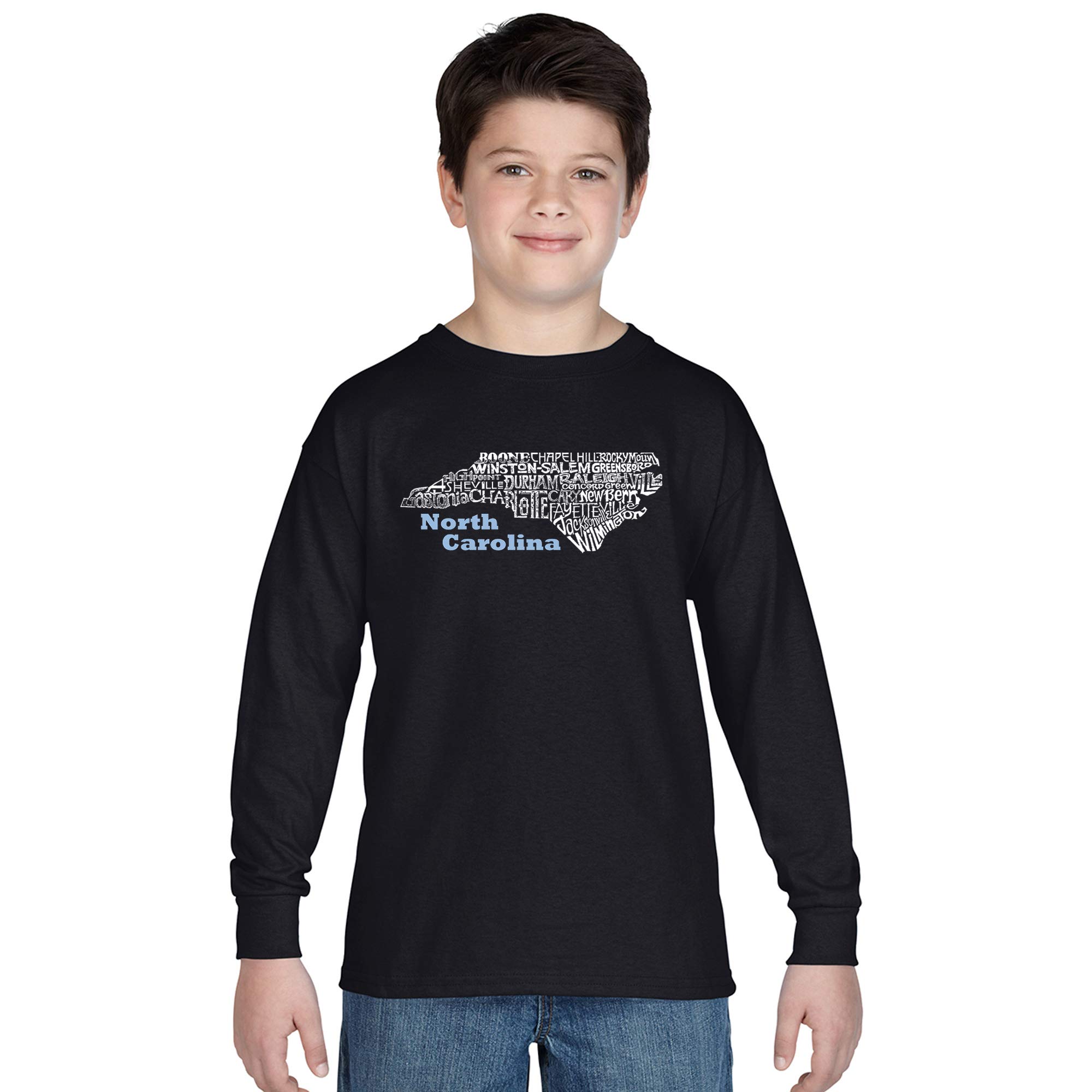 LA POP ART Boys' Word Art Long Sleeve T-Shirt - North Carolina Graphic Tee for Kids | Trendy Casual Wear for School & Family Outings