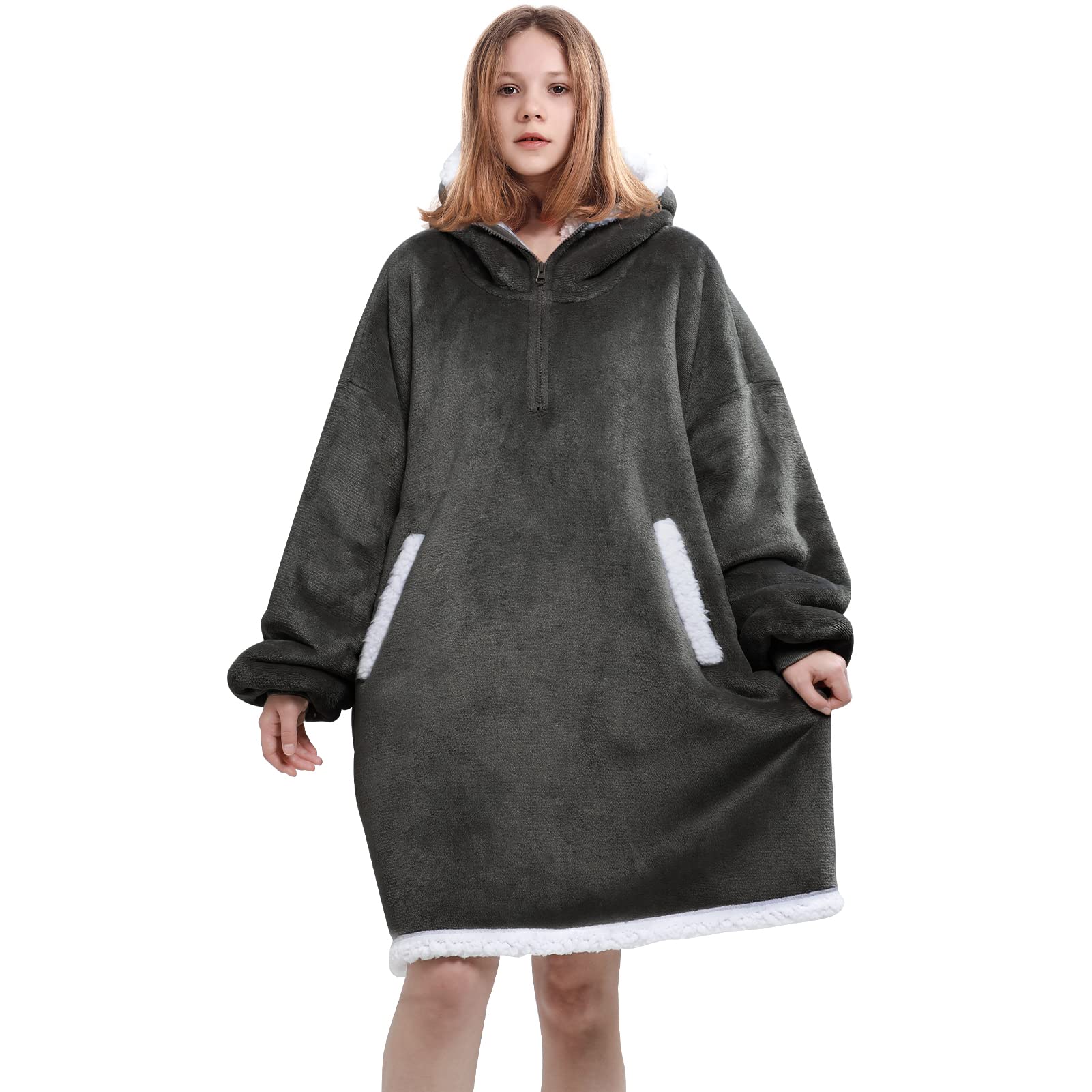 Angelhood Wearable Blanket Hoodie - Ultra Soft Flannel Sherpa Oversized Blanket Sweatshirt with Giant Pocket for Kids, Teens & Adults - Perfect for Movie Nights, Camping and Cozy Indoor Lounging