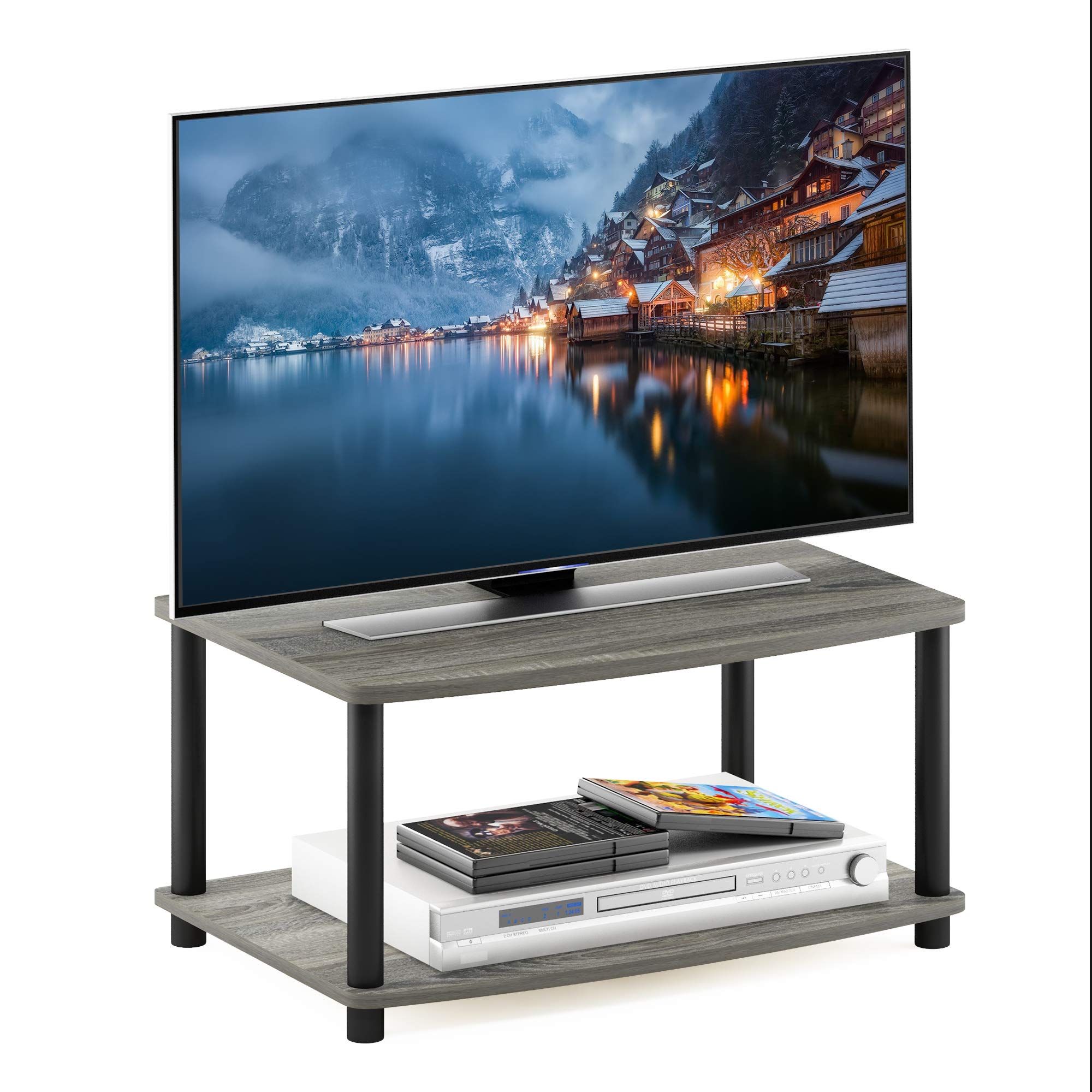 Furinno Turn-N-Tube 2-Tier Multi-Purpose Stand for Printer, TV, or Laptop - Compact Home Office & Living Room Furniture - French Oak Grey/Black Finish - Space-Saving Design for Small Spaces