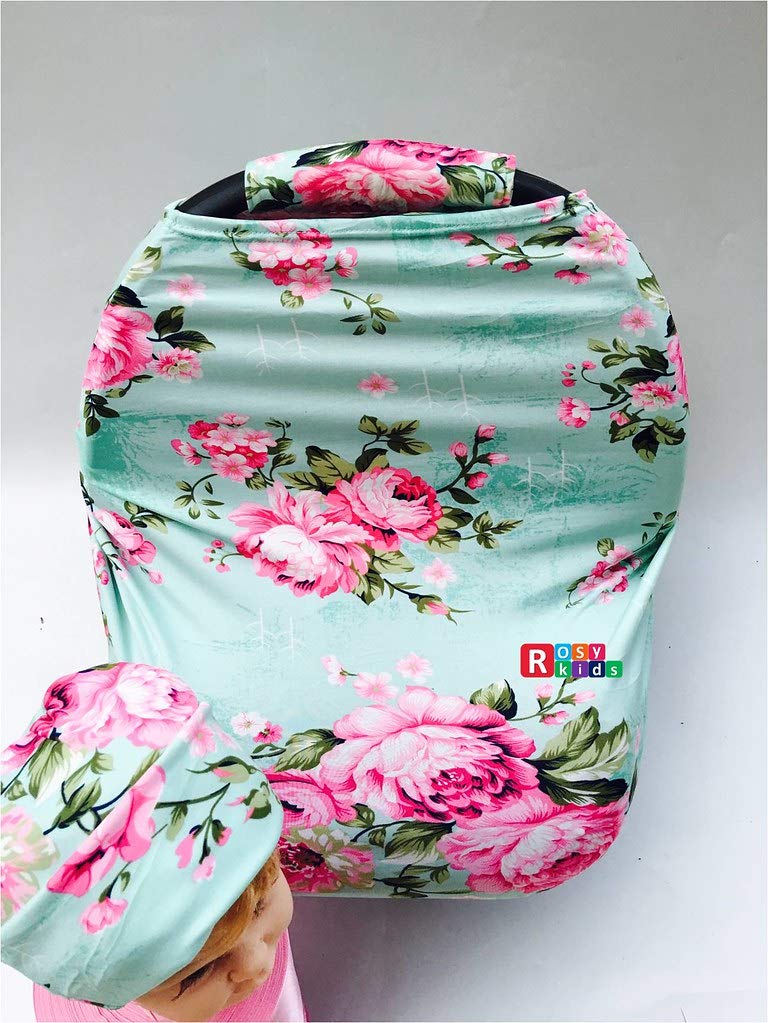 Rosy Kids Stretchy Infant Car Seat Canopy Cover - Breathable Jersey Nursing Scarf & Privacy Cover with Matching Handle Cover & Baby Hat - Perfect for Car Rides, Nursing, and Outdoor Protection (Color23DR19)