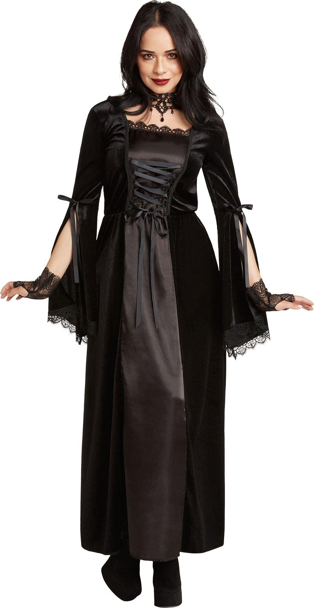 Jerry Leigh Renaissance Witch Halloween Costume Dress for Women - Black Gothic Lace-Up Bodice & Bell Sleeves (Size L/XL) | Perfect for Halloween Parties, Cosplay & Renaissance Fairs