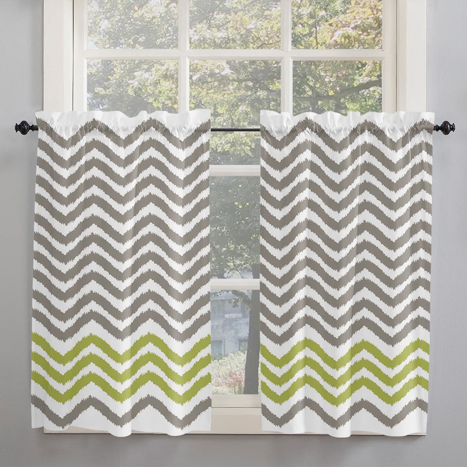 Yellow Grey Chevron Striped Kitchen Curtains - 2 Panels, 45 Inch Length, Rod Pocket Window Drapes for Cafe & Home Decor - Perfect for Kitchen Windows, Dining Rooms & Cozy Breakfast Nooks