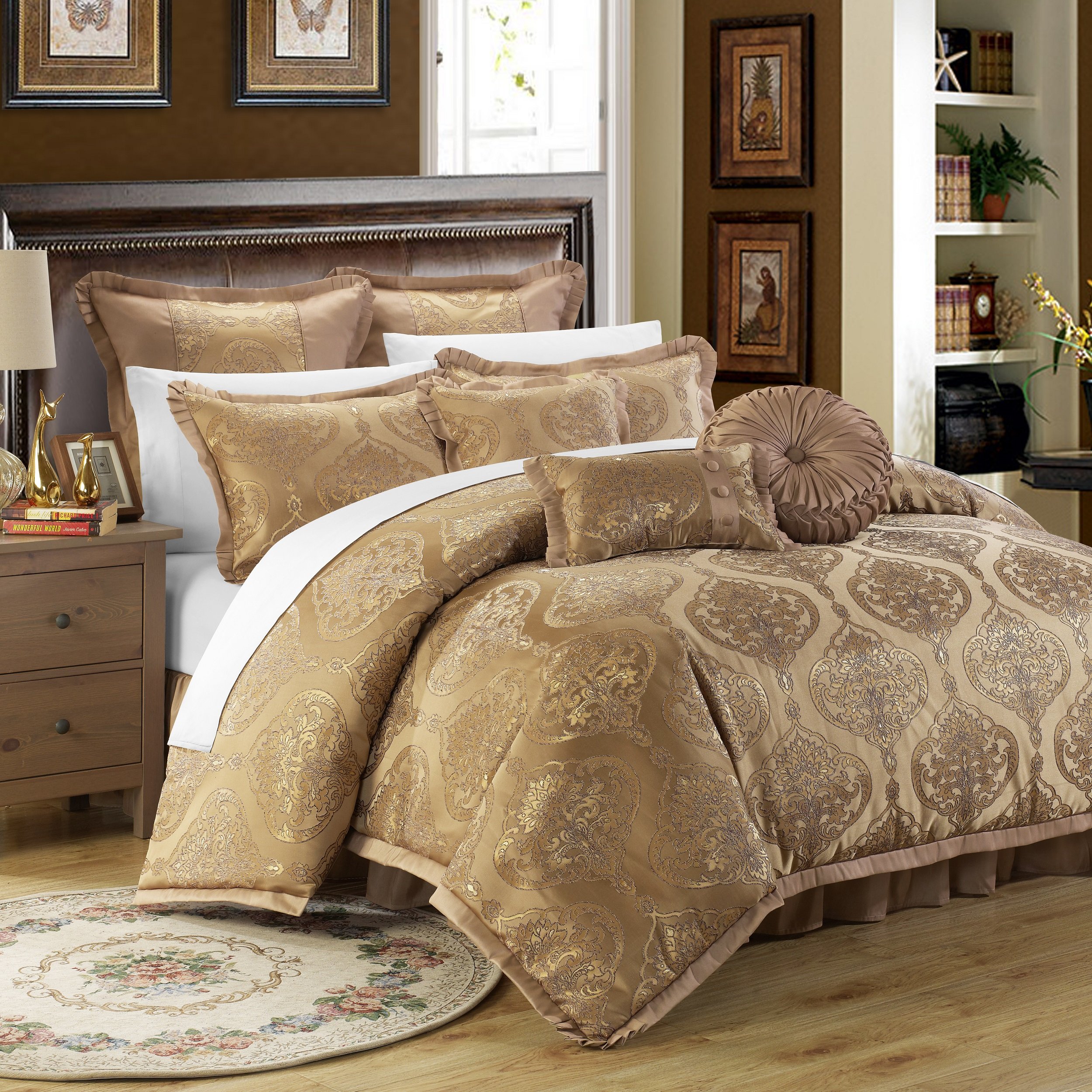 Chic Home 9-Piece Como Jacquard Bedding Set - King Size Luxury Comforter & Pillow Ensemble in Gold | Elegant Upholstery Quality Fabric for Master Bedroom Decor