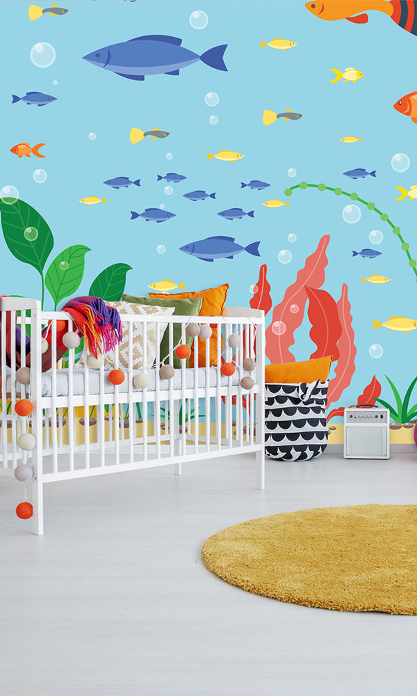 Blue School of Fish Mural Wall Art M9907 - Stunning Ocean-Themed Decoration for Kids' Rooms, Classrooms & Aquariums