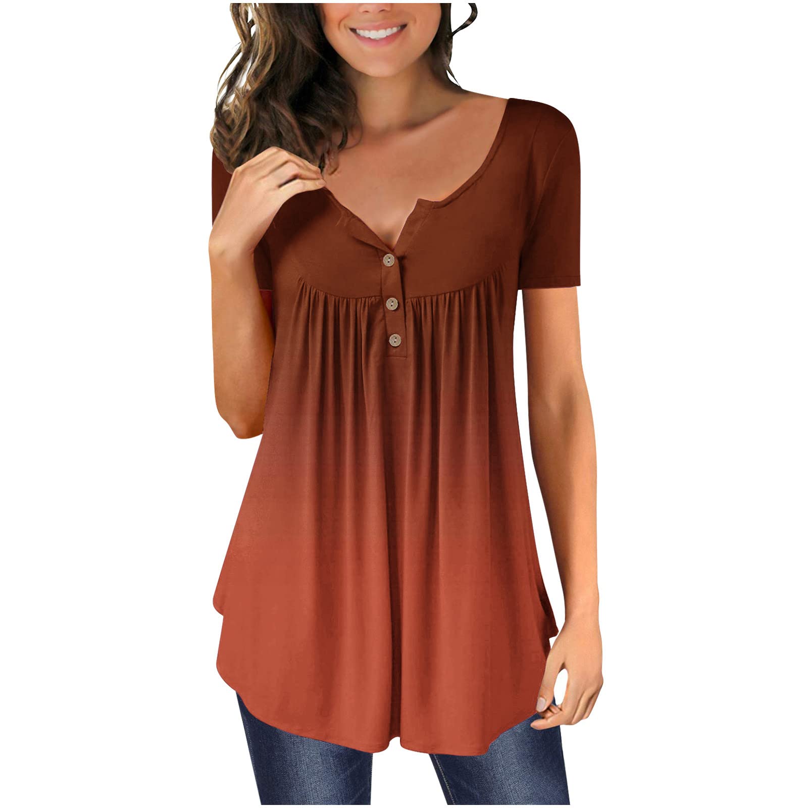 Women's Summer Short Sleeve V-Neck Button Down T-Shirt - Casual Ombre Color Loose Fit Blouse | Perfect for Outings, Beach Days & Everyday Comfort