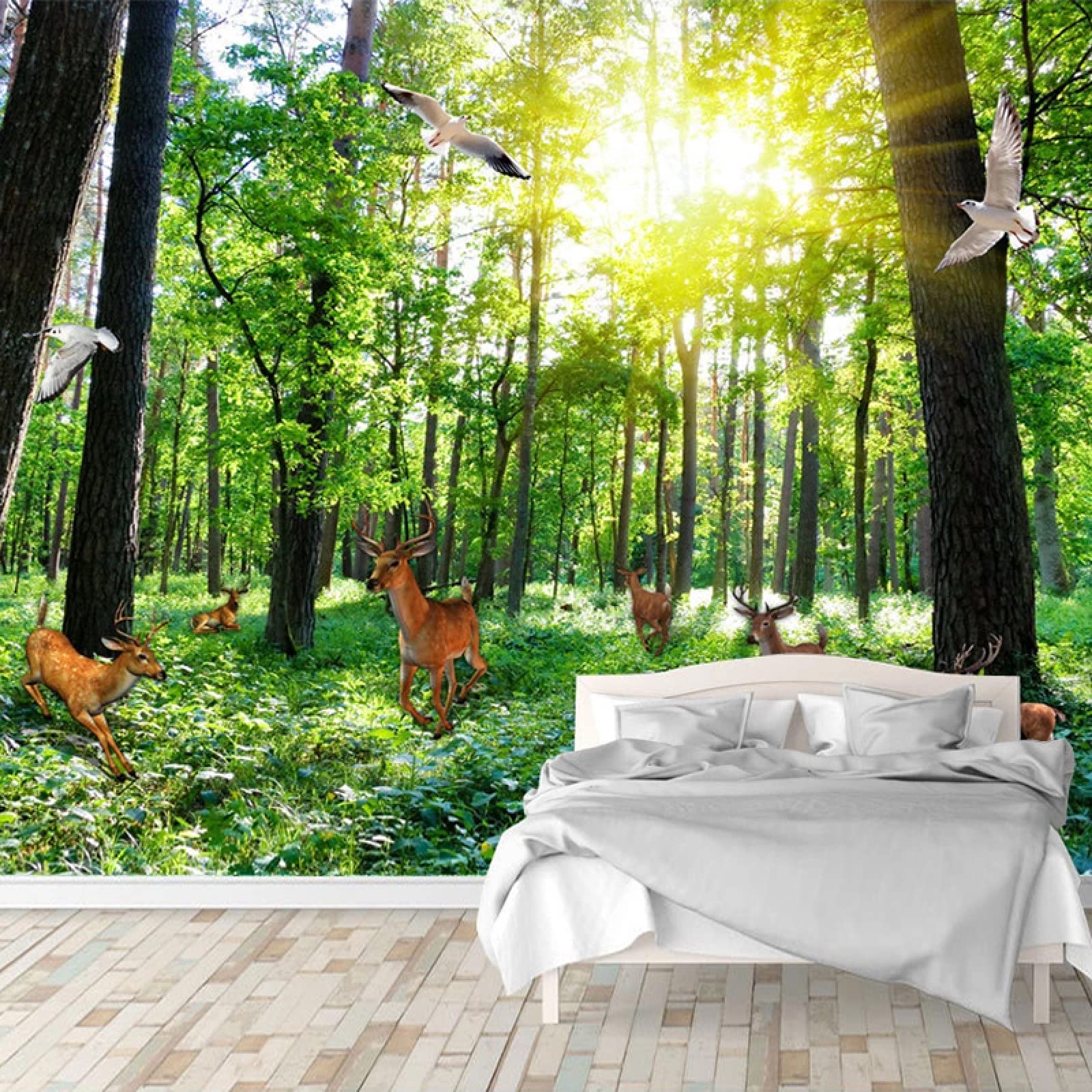 Deer Bird Forest Wall Mural - Self-Adhesive Large Wallpaper (118x82 Inch) - Nature Photo Wall Art for Living Room, Bedroom, TV Office & Restaurant Decor - Perfect for Nature-Themed Home & Commercial Spaces