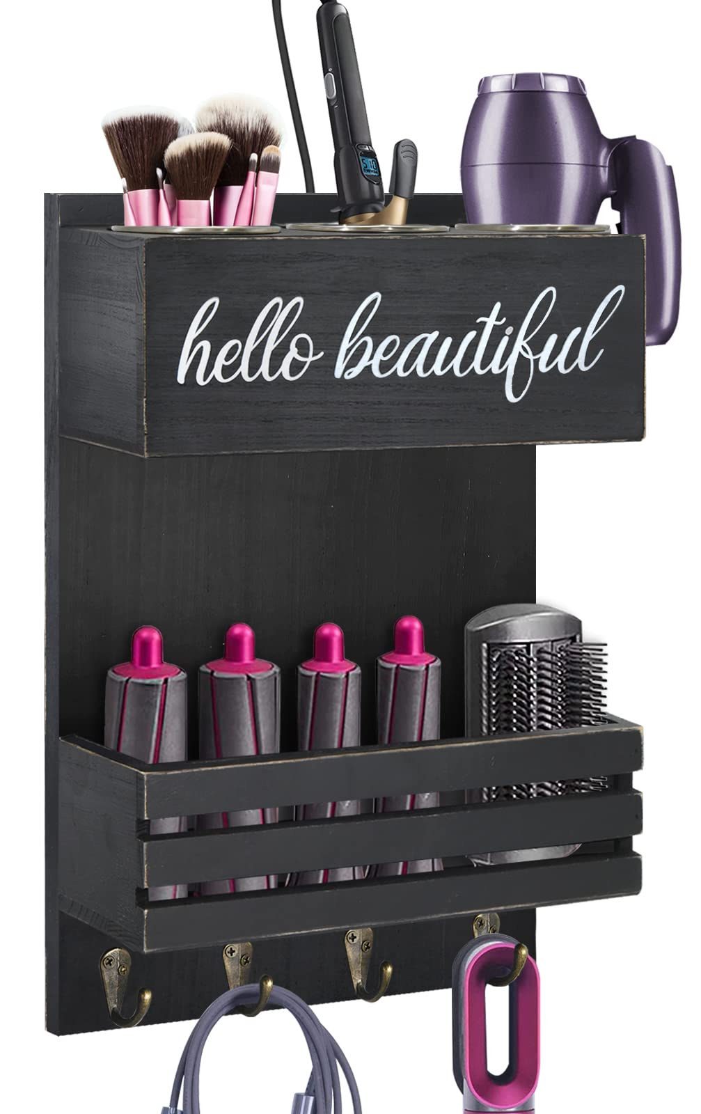 Black Hair Tool Organizer Wall Mount - 2 Tier Hair Dryer Holder for Bathroom Storage | Wall-Mounted Hair Styling & Care Accessories Organizer with Shelf for Makeup & Toiletries | Perfect for Salon, Spa & Home Bathroom Organization