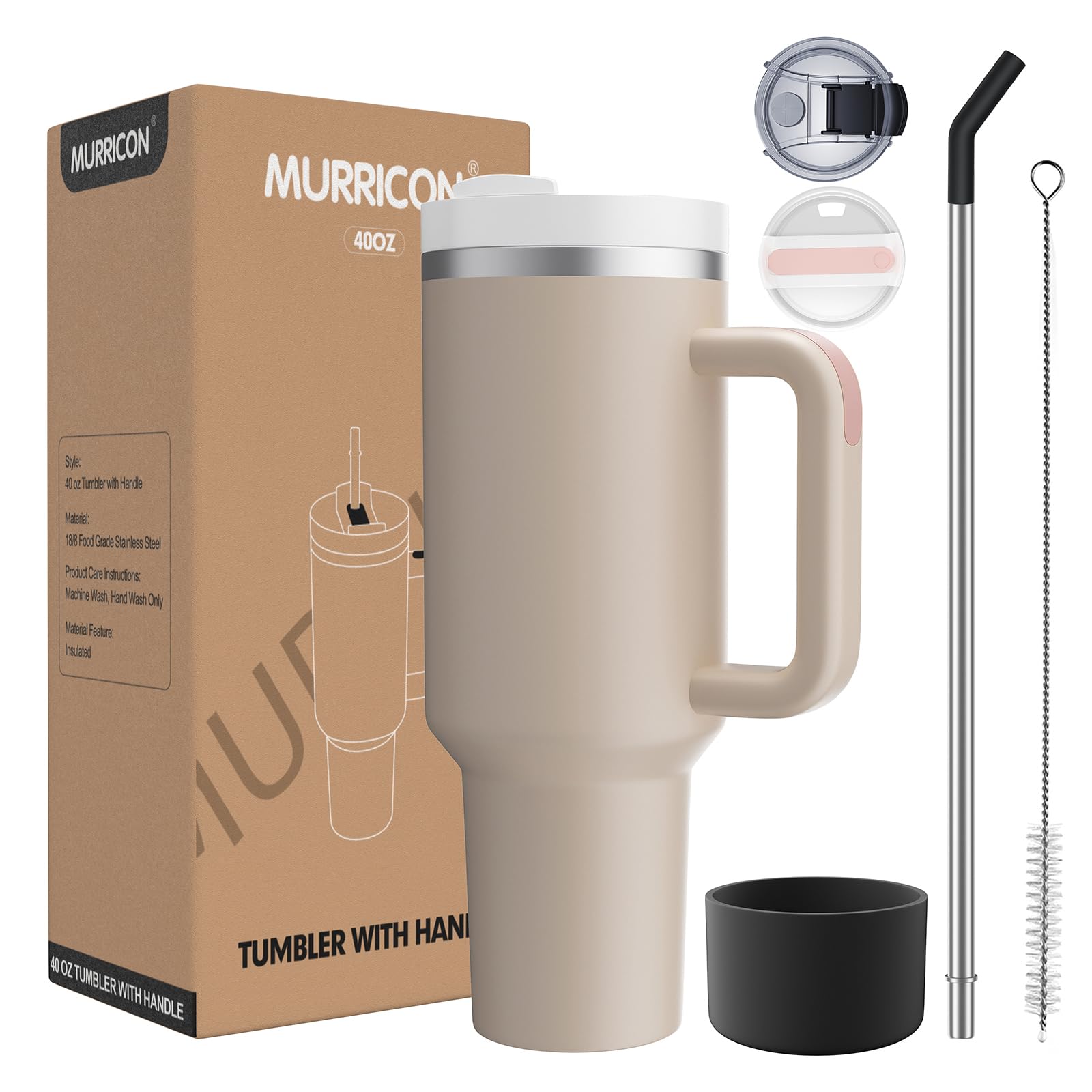 MURRICON 40 oz Stainless Steel Insulated Tumbler with Handle & Straw - Vacuum Insulated Travel Mug for Coffee, Tea & Cold Drinks - Reusable Leakproof Cup for Office, Gym & Outdoor Activities (Rose Quartz)