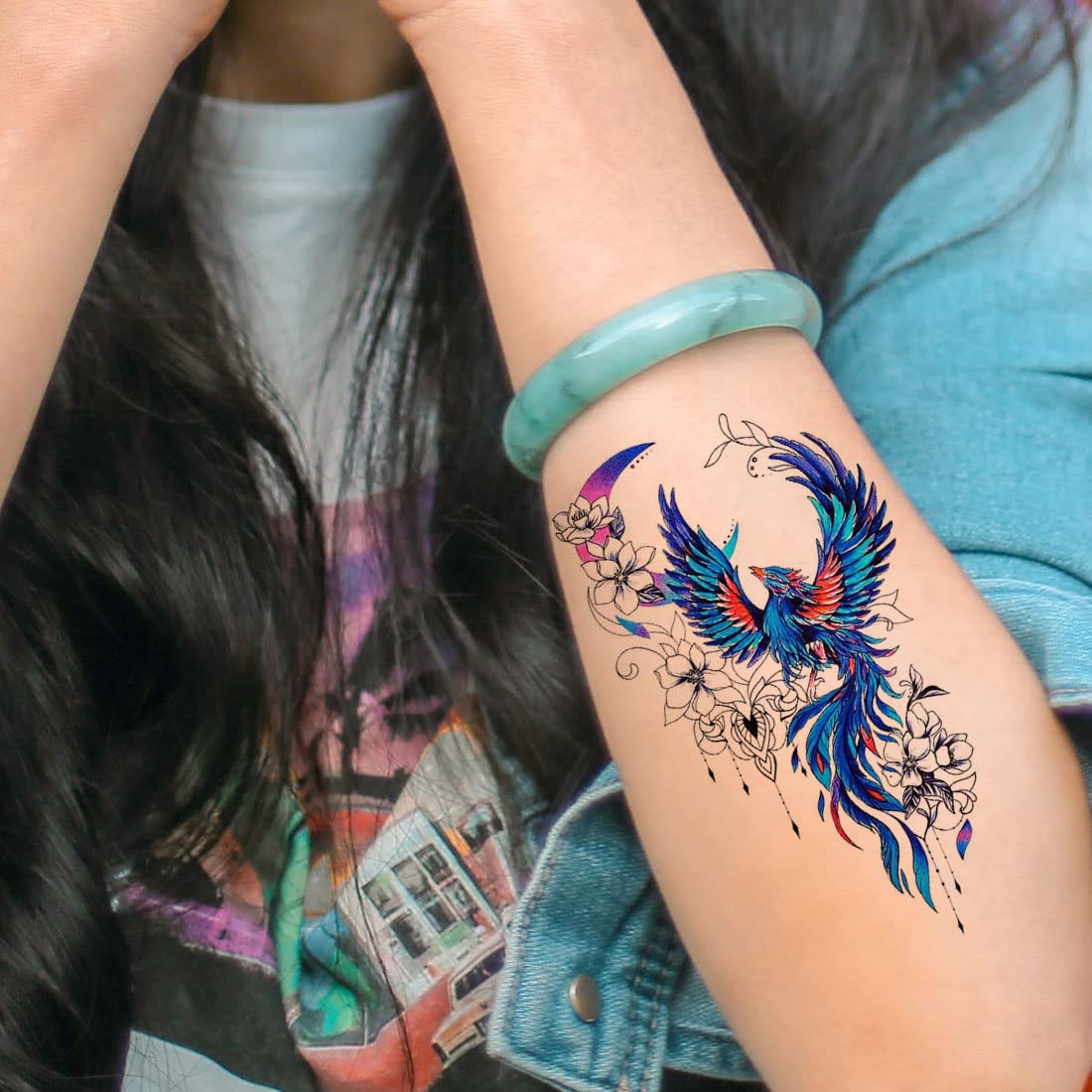 Waterproof Temporary Tattoo for Men & Women - Dragon & Birds Design with Floral Ring - Long Lasting Fake Body Art for Parties, Festivals & Cosplay