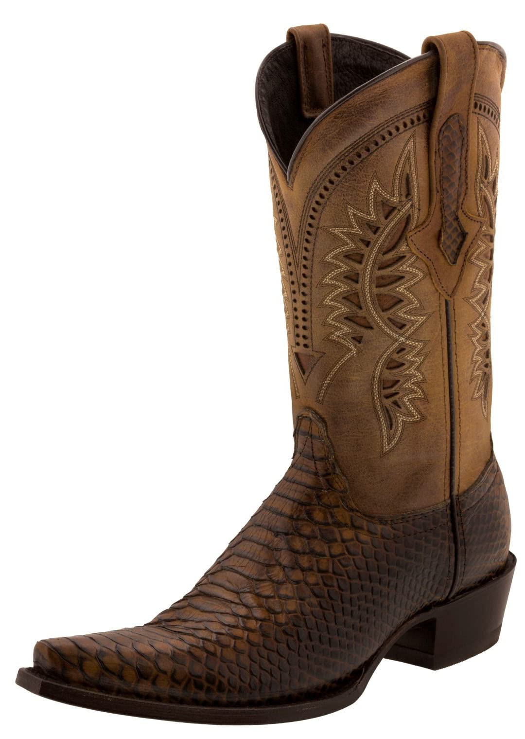 Men's Honey Brown Western Leather Cowboy Boots with Snake Print & Snip Toe - Perfect for Country Dancing, Rodeos & Western Fashion