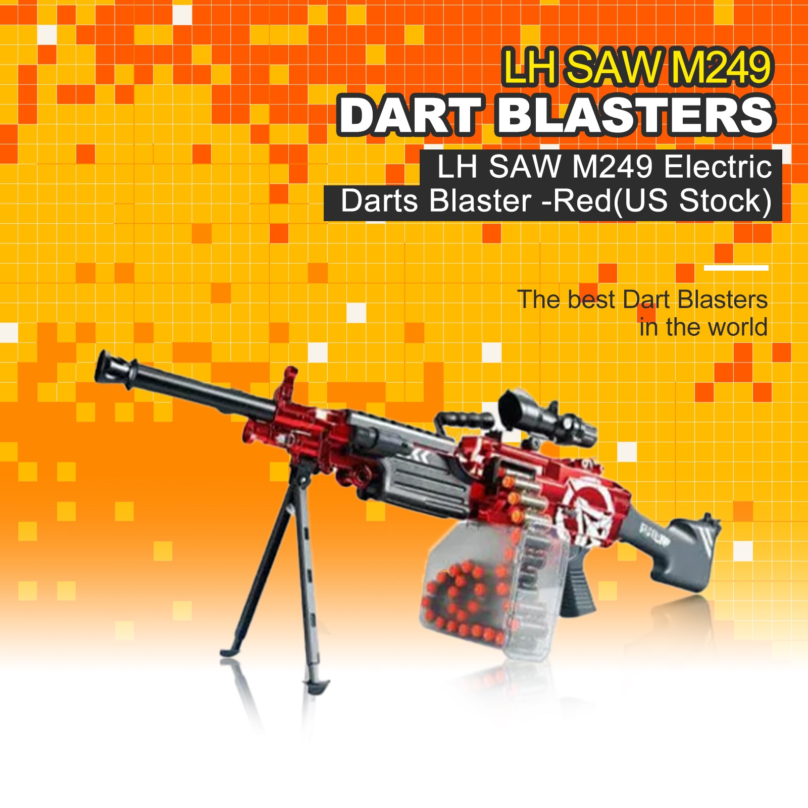 LH SAW M249 Electric Darts Blaster Toy - Red (US Stock) - Perfect for Outdoor Play, Nerf Battles & Backyard Fun