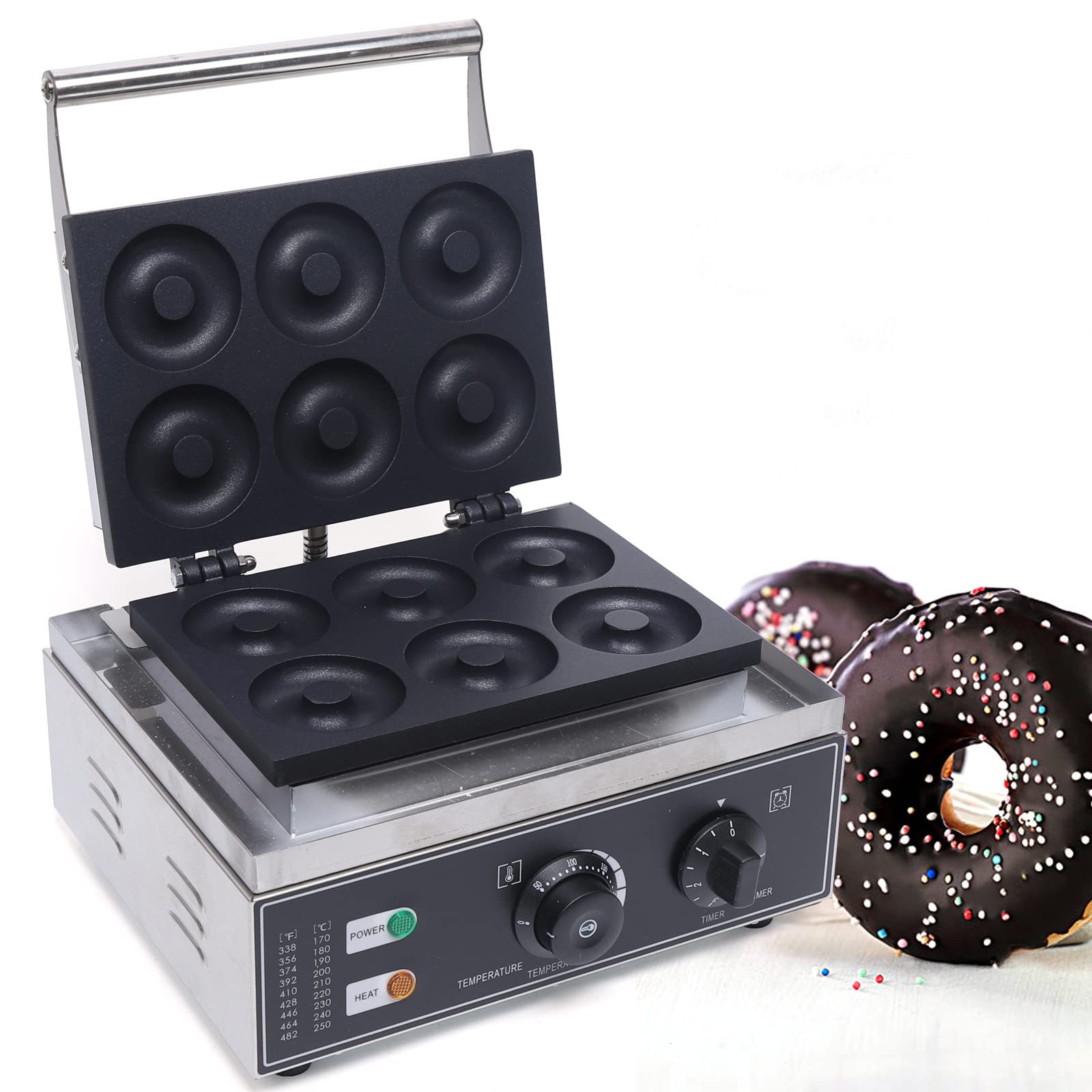 Commercial Electric Donut Maker Machine - 6 Stainless Steel Non-Stick Donut Maker with Double-Side Heating, 110V for Bakery, Dessert Shop & Restaurant - Perfect for Making Fresh Donuts, Pastries and Breakfast Treats