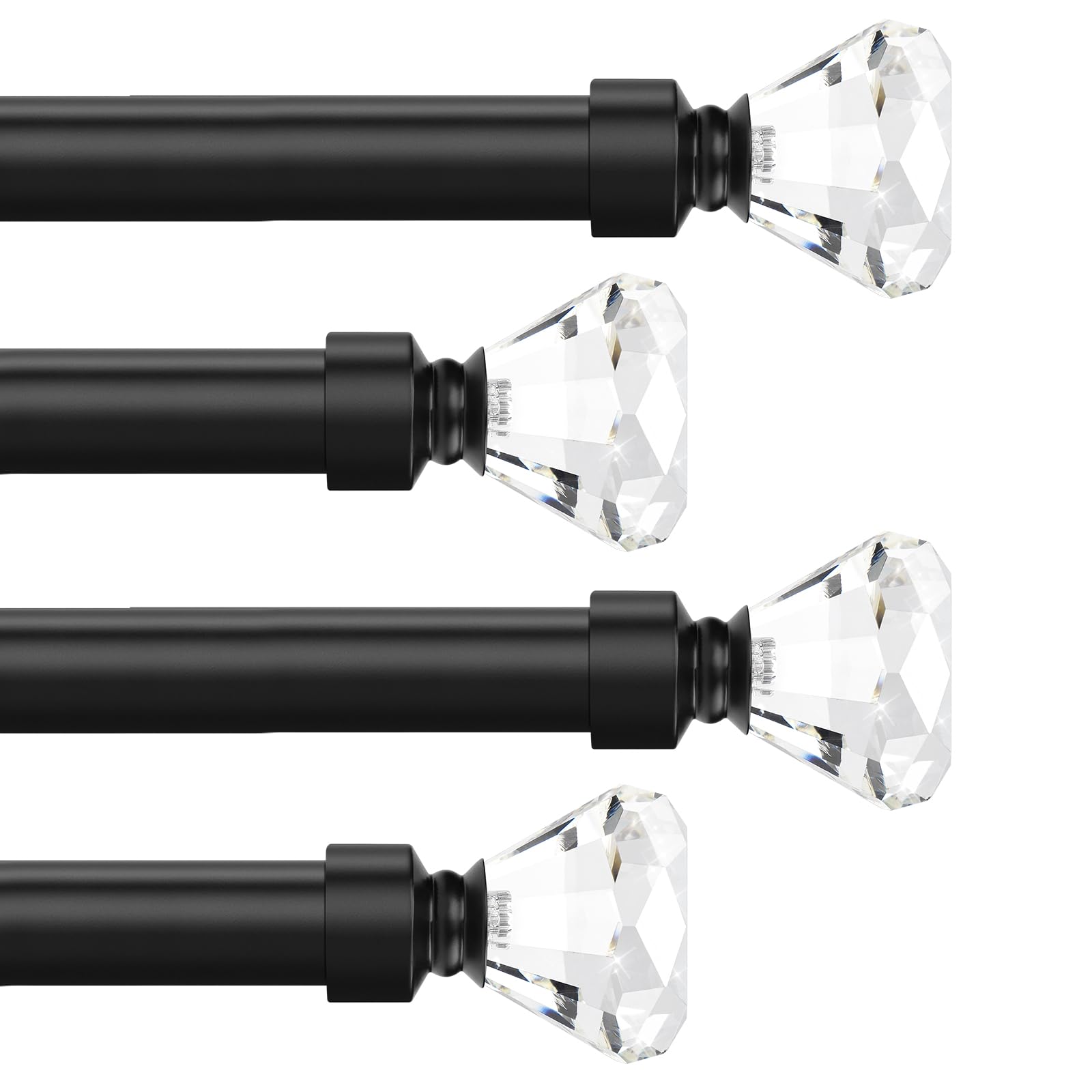 Knobelite 4 Pack 1-Inch Diameter Adjustable Window Curtain Rod (22-42 Inch) with Crystal Finials - Black Single Drapery Rod for Living Room, Bedroom & Home Decor