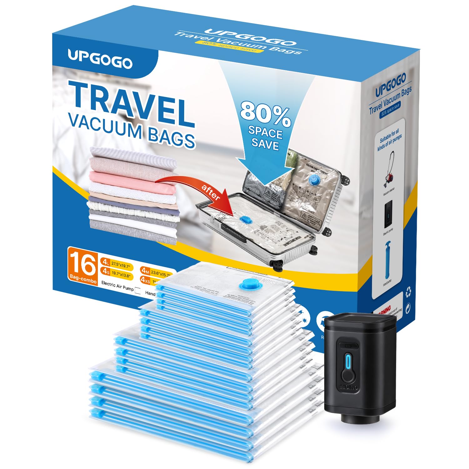 16 Pack Travel Vacuum Storage Bags with Portable Electric Pump - Space Saving Vacuum Seal Bags for Clothes, Luggage & Travel Essentials | Perfect for Home Storage, Moving & Travel Packing