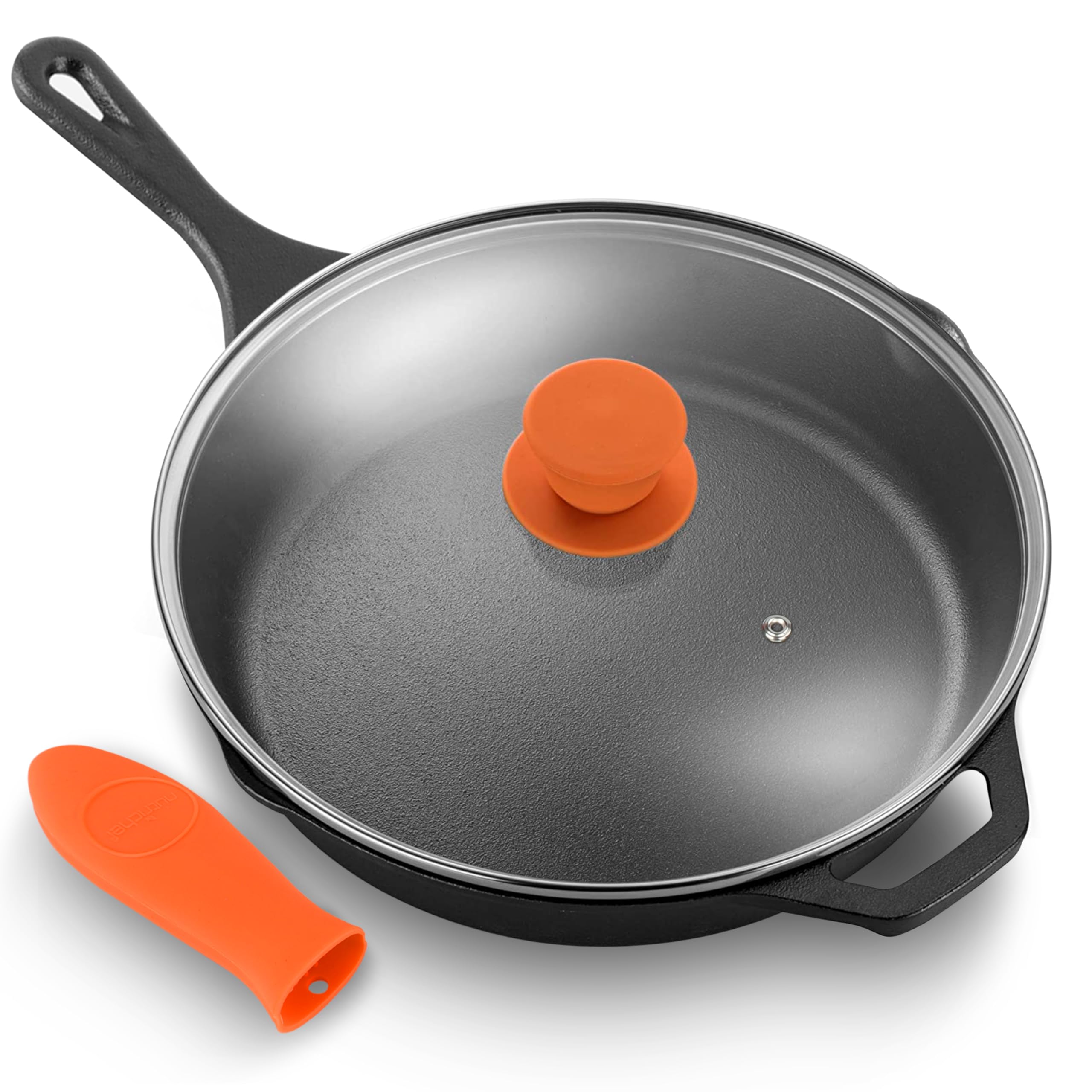 NutriChef 12-Inch Pre-Seasoned Cast Iron Skillet with Lid - Oven Safe, Nonstick Frying Pan with Cool-Touch Silicone Handle - Compatible with All Cooktops (Gas, Electric, Induction) - Perfect for Searing, Baking, and Stovetop Cooking - NCCI12