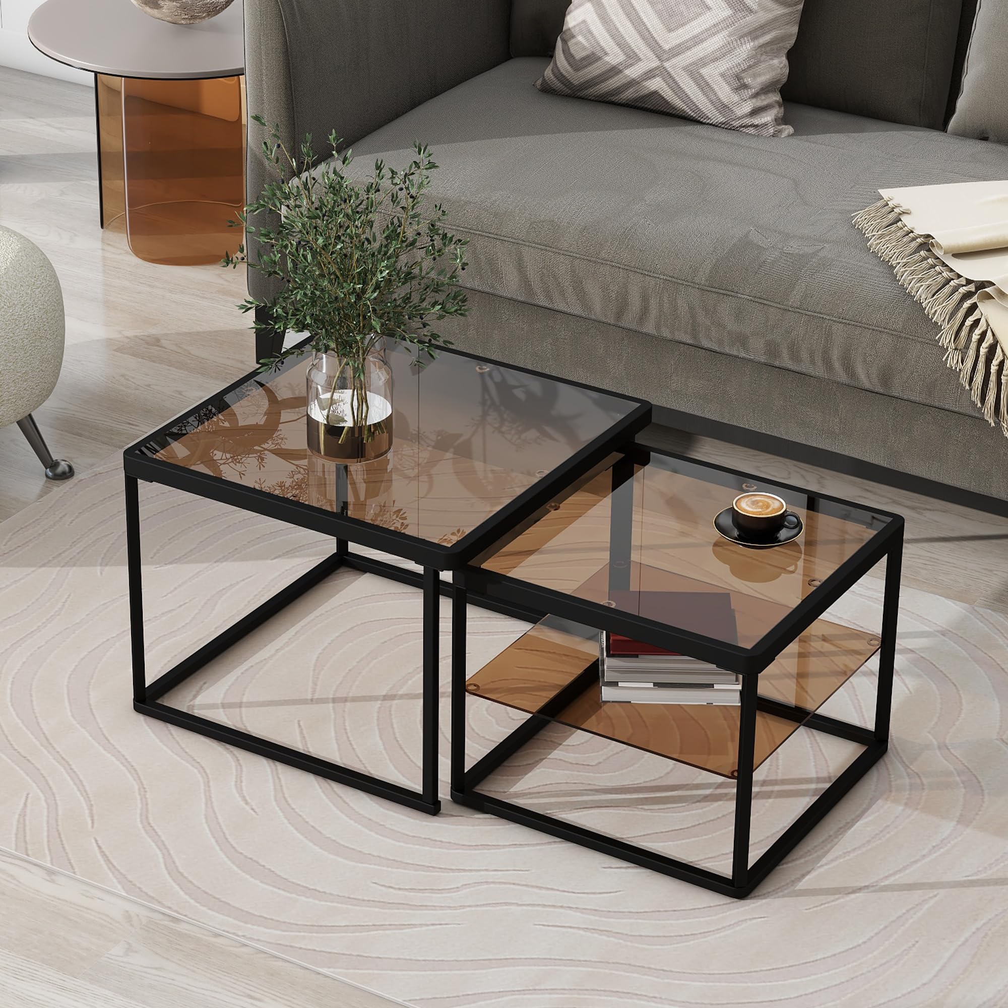 Modern Glass Coffee Table Set of 2 - Adjustable Square Tempered Glass Top with Sturdy Metal Frame for Living Room, Home Office - Black Leg - Perfect for Small Spaces, Coffee Lovers & Contemporary Decor