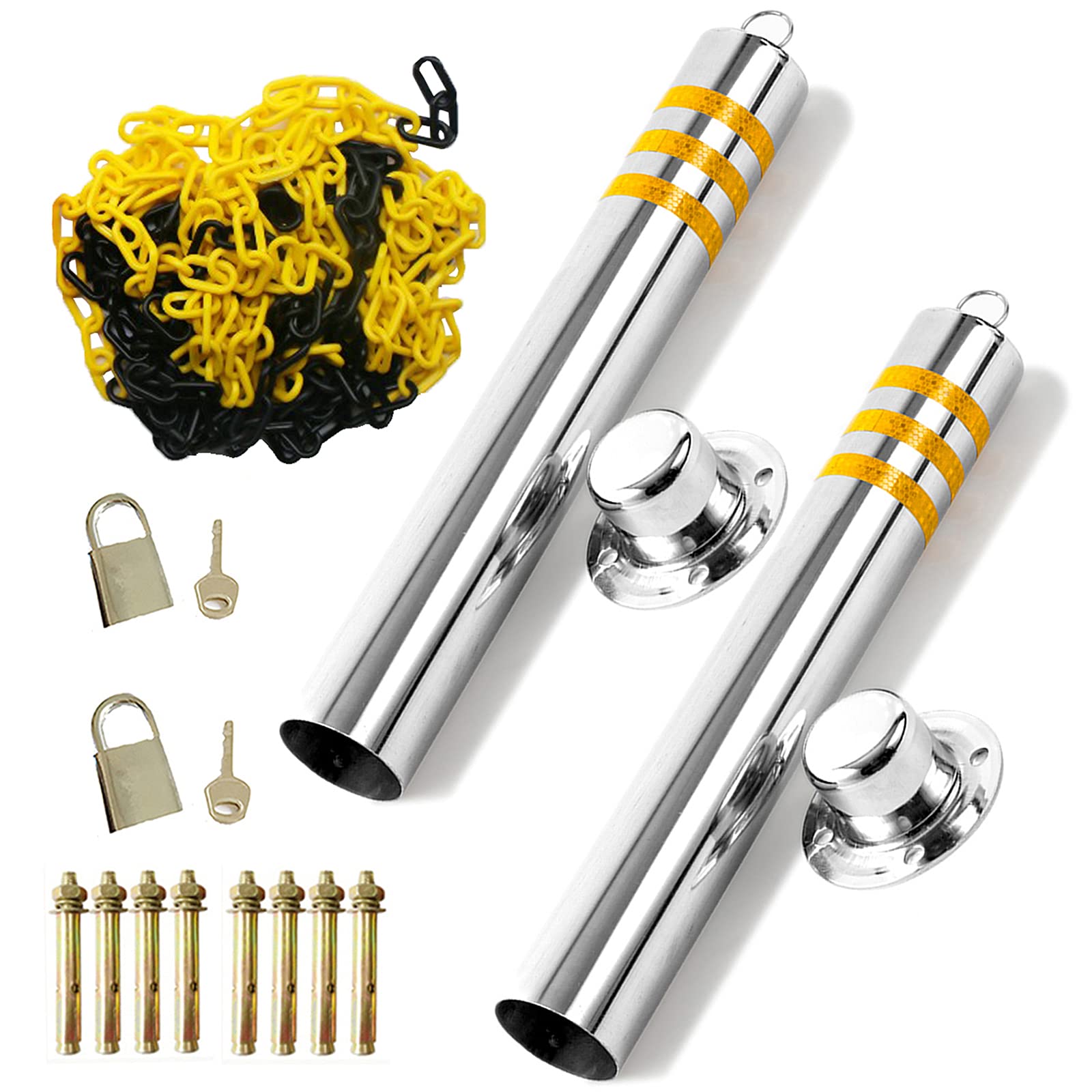 Heavy Duty Solid 2 Parking Bollards with Padlock - Reflective Driveway Barrier & Removable Road Markers (800x76mm) - Perfect for Driveway Security, Parking Lot Protection, and Traffic Control