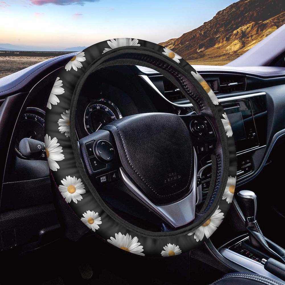 Chaqlin Chic Daisy Pattern Steering Wheel Cover - Universal Fit 15 Inch, Soft Grip Car Wheel Protector for Women & Girls (Black) - Perfect Gift for Daily Commute & Road Trips